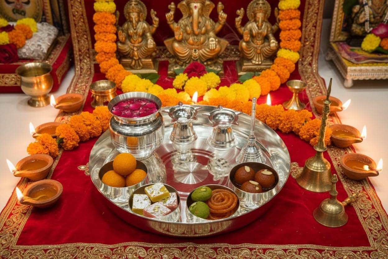 Silver Plated Small Pooja Thali Set – 9 Piece Hindu Prayer Kit for Daily Rituals & Festive Gifting