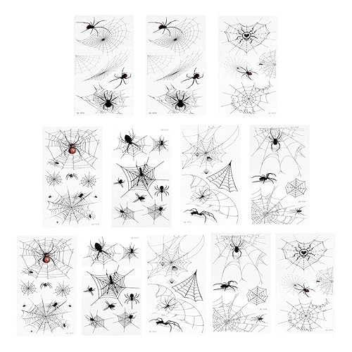 Beaupretty 12 hojas de tatuajes de araña de Halloween, tela de araña, cara, hombro, brazo, calcomanías temporales para tatuajes, accesorios de