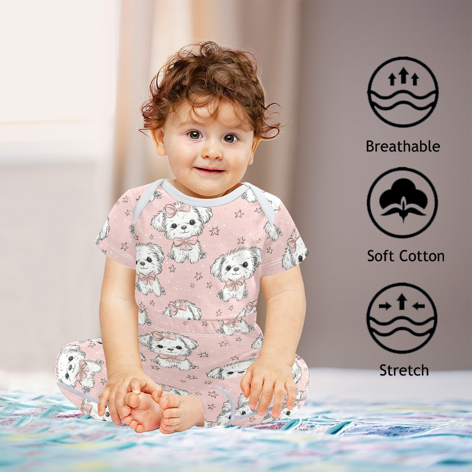 vvfelixl Baby Clothes Cartoon Cute Teddy Dog Baby Bodysuits Set Unisex Short Sleeve Babys Pants Sets 0-3M