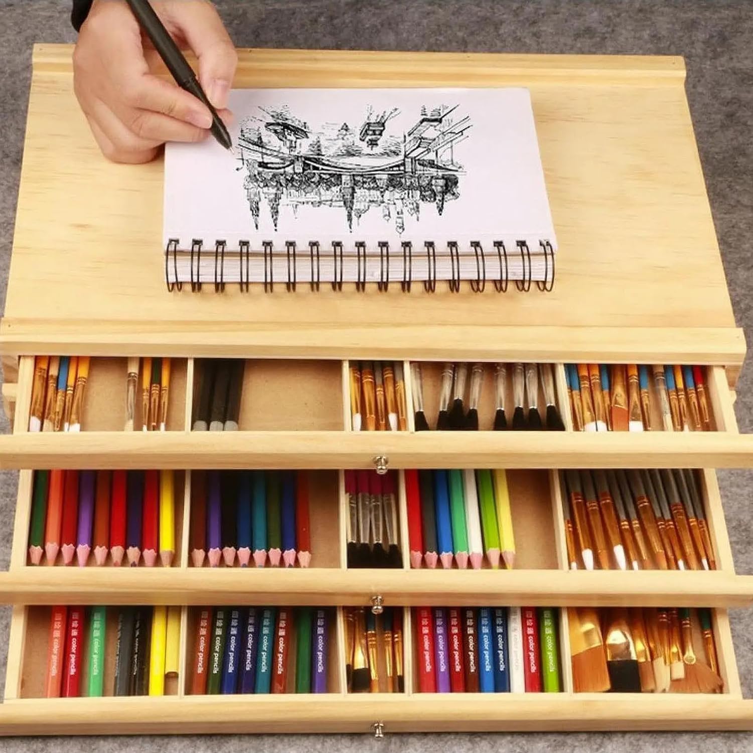 3 Cassetti Scatola Portaoggetti Per Artisti (2pcs),Con 4 Cassetti,Portatile,Scatola Di Immagazzinamento Per l'Arte In Legno Di Faggio Premium,Per Pastelli,Matite,Pennelli Materiale Artistico