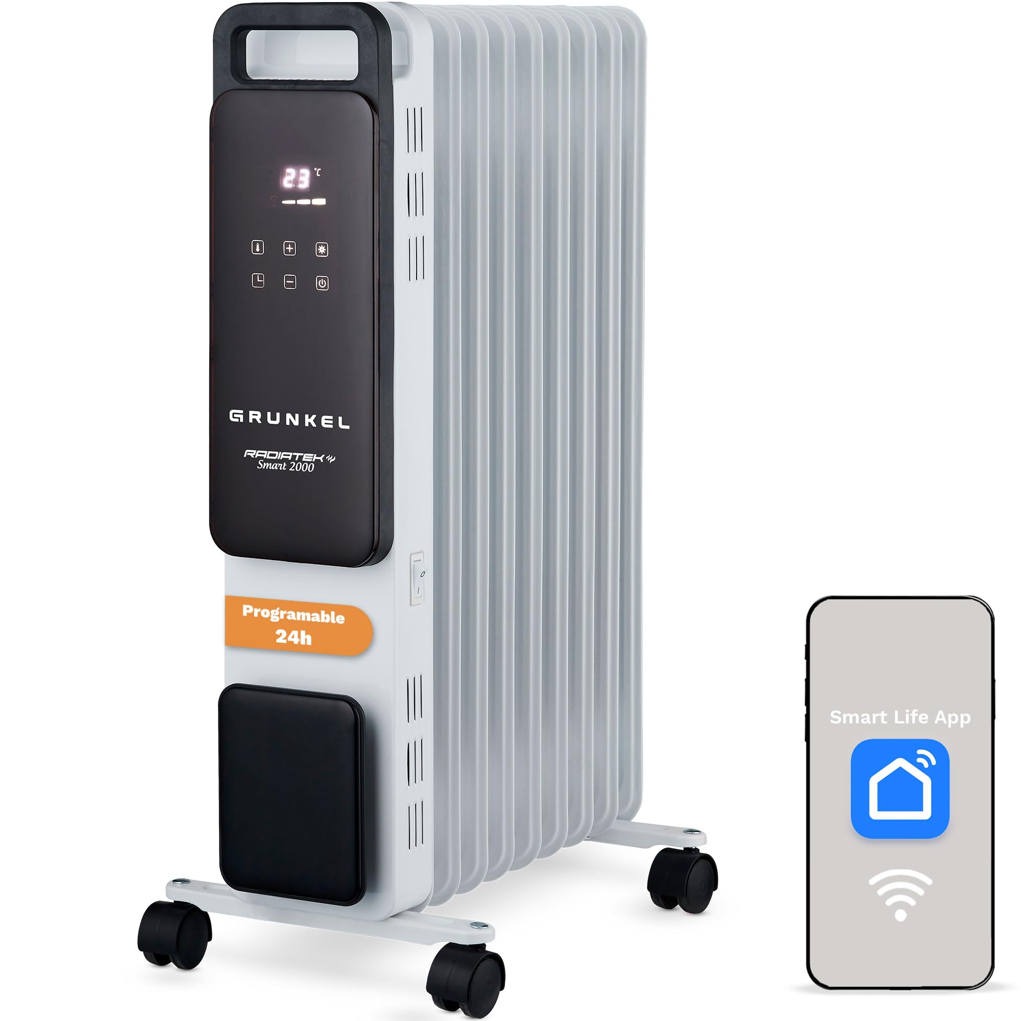 Oil Radiator GRUNKEL RD-2500PRO 2500W | 11 Heat Elements | Built-in Wi-Fi | Smart Connectivity | Touch Panel | ECO Mode | 24H Programming | Roll Protection (2500W)