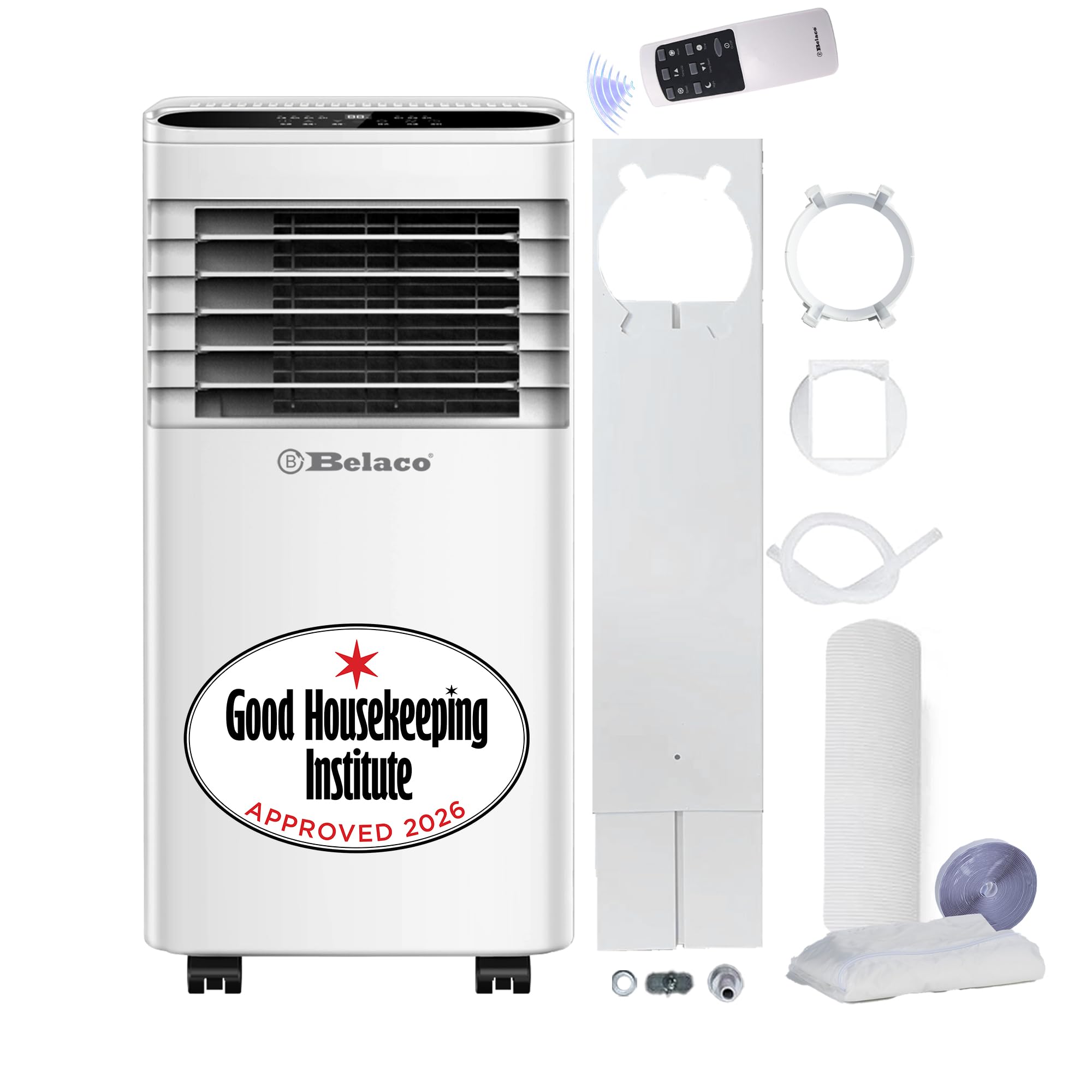 Belaco Air Conditioning Unit, 9000 BTU Portable Air Conditioner with Dehumidifier & Fan Function, Remote Control & Dual Window Installation Kit & Seal Included, 24 Hour Timer with 28L Dehumidification