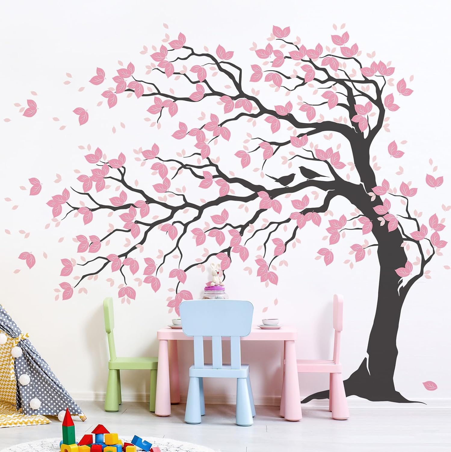 AM AMAONM 74.8x59 Inch Large Watercolor Tree Wall Decals - Peel & Stick Wall Stickers, DIY Removable Wall Art for Kids Living Room, Bedroom, Nursery Decor (Black Trunk Pink Leaves)