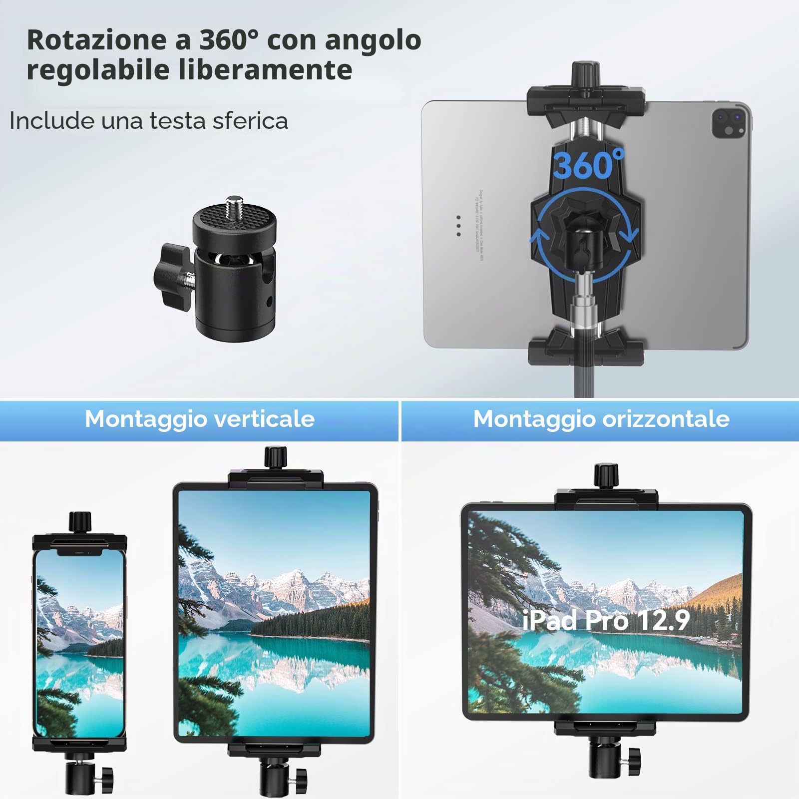 KDD Adattatore per treppiede per iPad e Tablet con testa a sfera ruotabile 360 per iPad Pro 12.9 iPad Mini Galaxy Tab Selfie Stick 5.3-10.6'' Nero