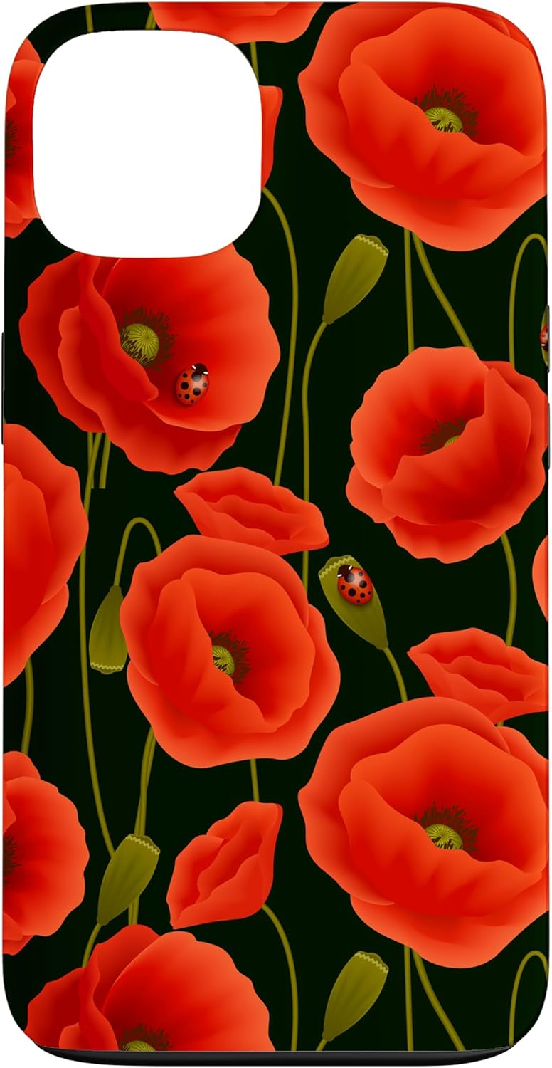 Poppies Red Green & Black Poppy Flower Ladybug Pattern Case for iPhone 16 Pro Max