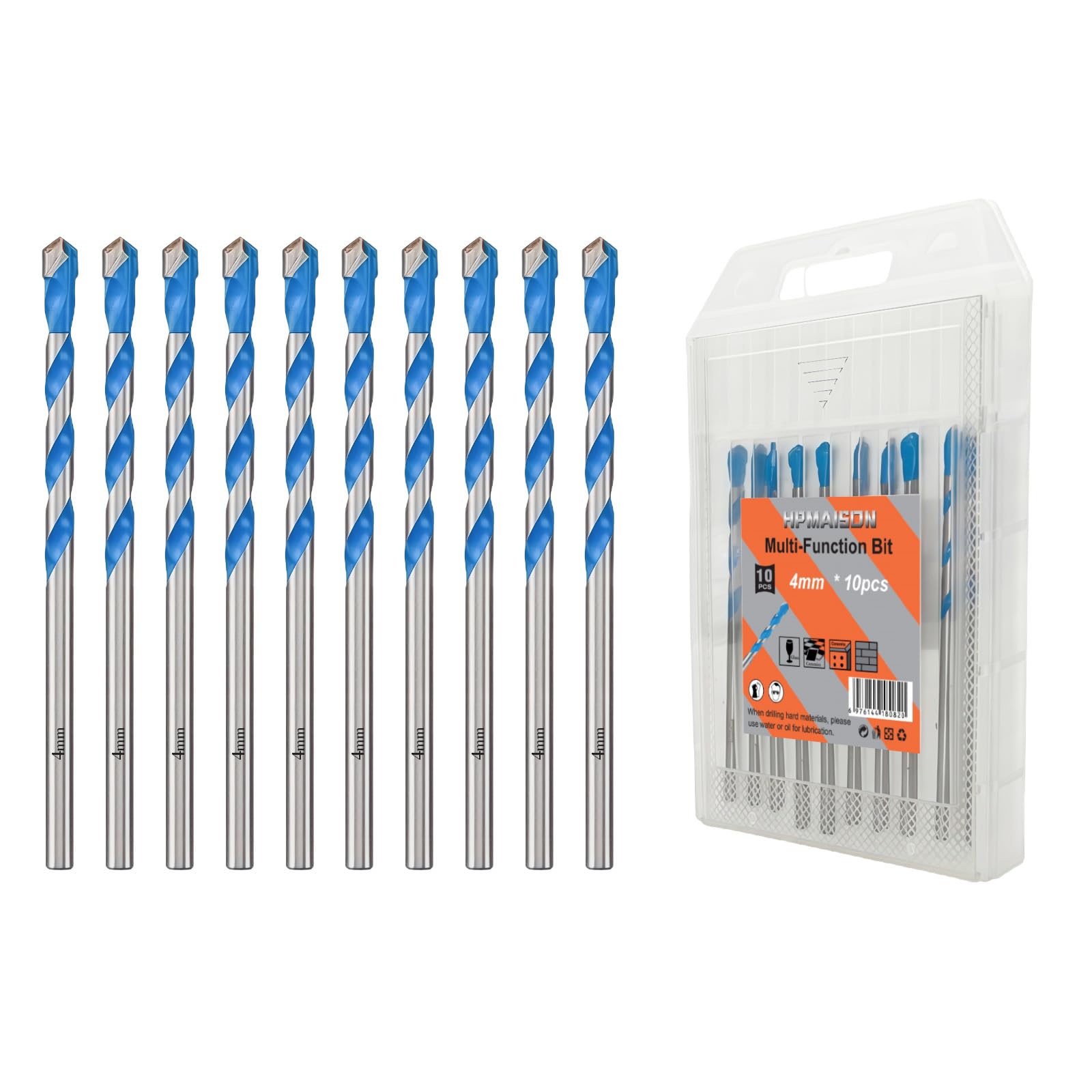 HPMAISON Concrete & Masonry Drill Bit Set, 10Pcs Multi-Function Bit, 4mm Industrial Strength Carbide Tip Drill Bits