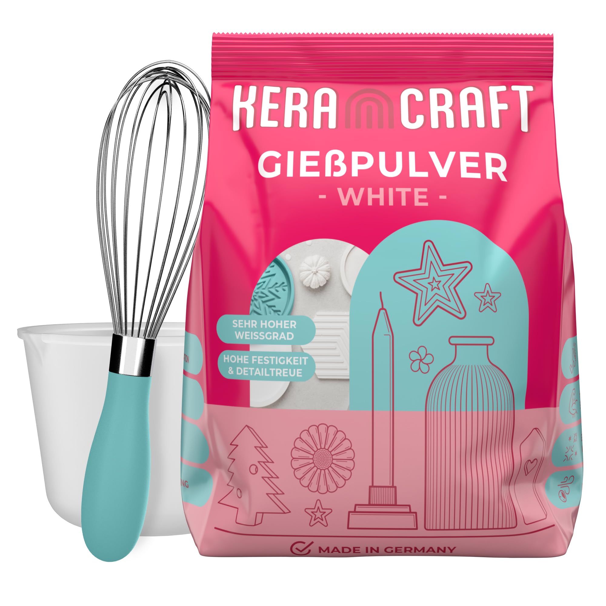 Keracraft Gießpulver weiß 4,5kg mit Silikonbecher 1.000ml und Schneebesen - Reliefgießpulver weiß für kreative Projekte