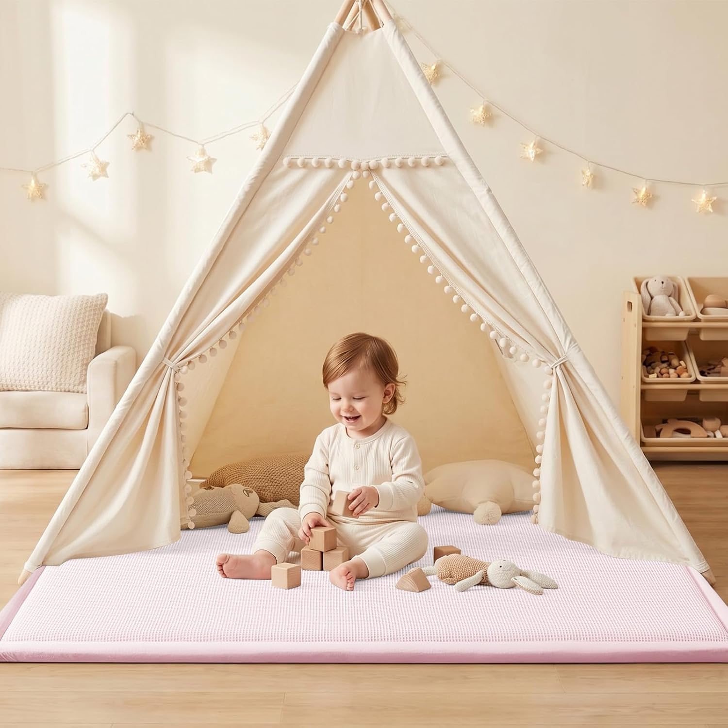 Baby Play Mat for Floor Nursery Rug Muscle Area Playroom Rug Memory Foam 79x110 Playpenmat Elastic Foam 1.3" Thick Crawling Mat for Babies,Toddlers, Infants, Kids(Plaid Light Pink)