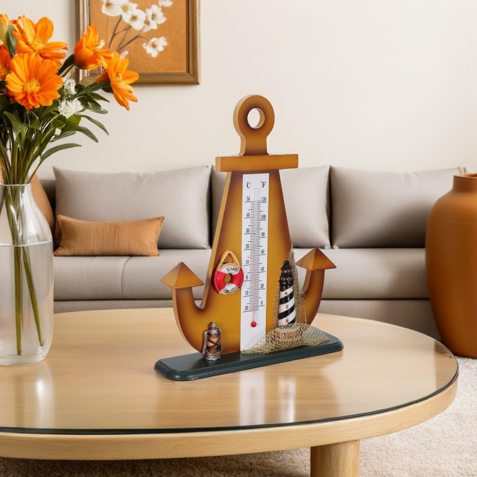 BESTonZON Termometro Nautico da Tavolo in Stile Ancora Retrò, Decorazione Marina per Interno ed Esterno, Misuratore di Temperatura Compatto per Casa, Ufficio e Giardino