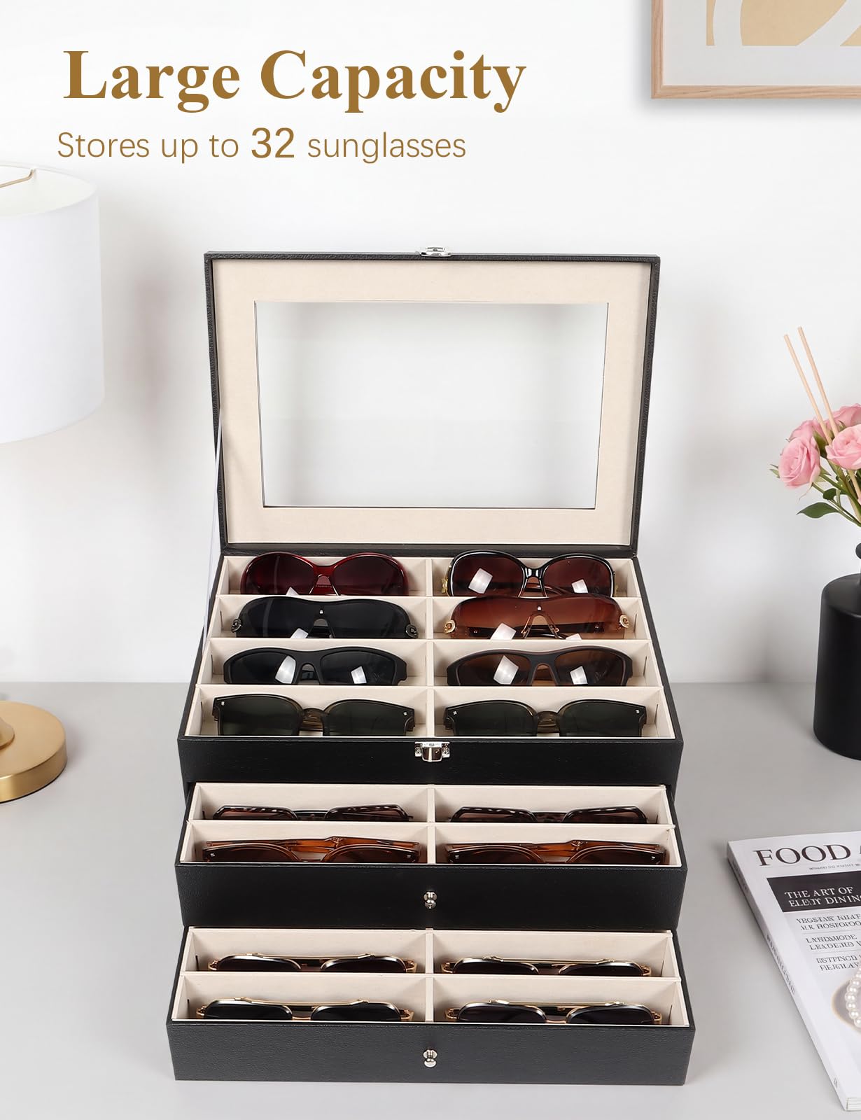 Sonnenbrillen-Aufbewahrungsbox mit 32 verstellbaren Schlitzen, 3-lagig, Multi-Brillenbox mit Deckel für Damen