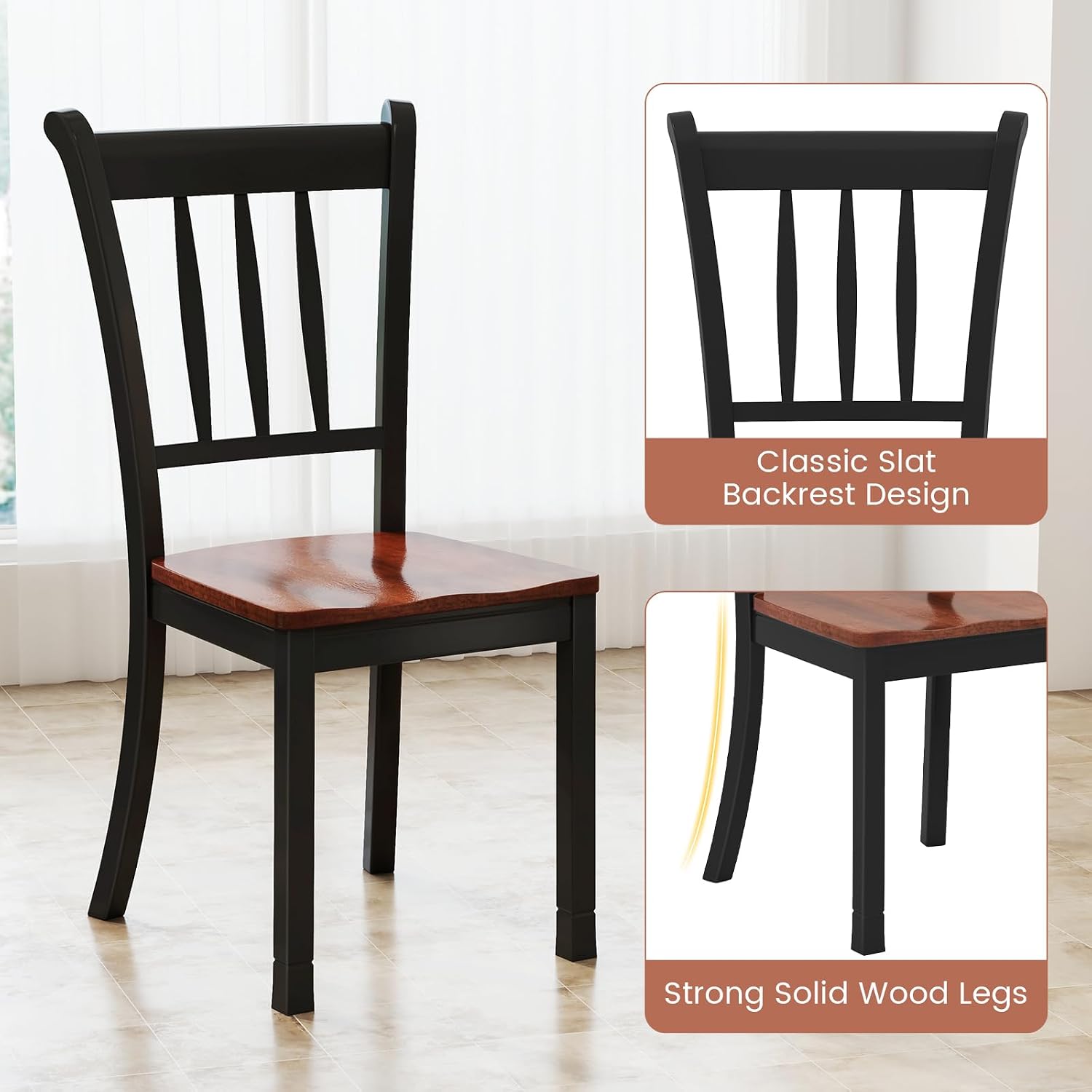 KOTEK Solid Wood Dining Chairs Set of 2, Armless Kitchen Chairs with Curved Slat Back, Farmhouse Dining Room Chairs, Wooden Dining Chairs for Kitchen (Black)