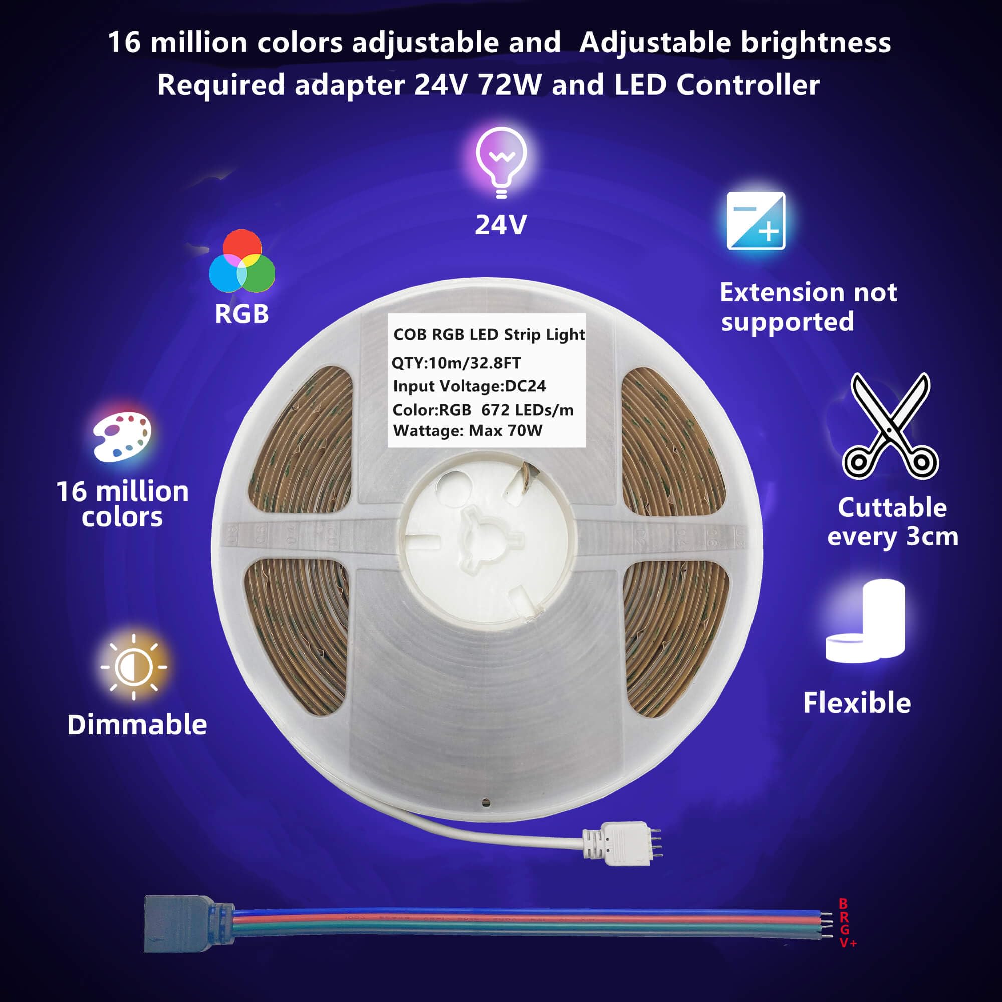 DC24V COB RGB - Tira de LED RGB de 10 m/rollo, regulable, flexible, de alta densidad, luz uniforme, 672 leds/m, tira de luz que cambia de color para iluminación ambiental, tira de LED RGB de solo 10 m