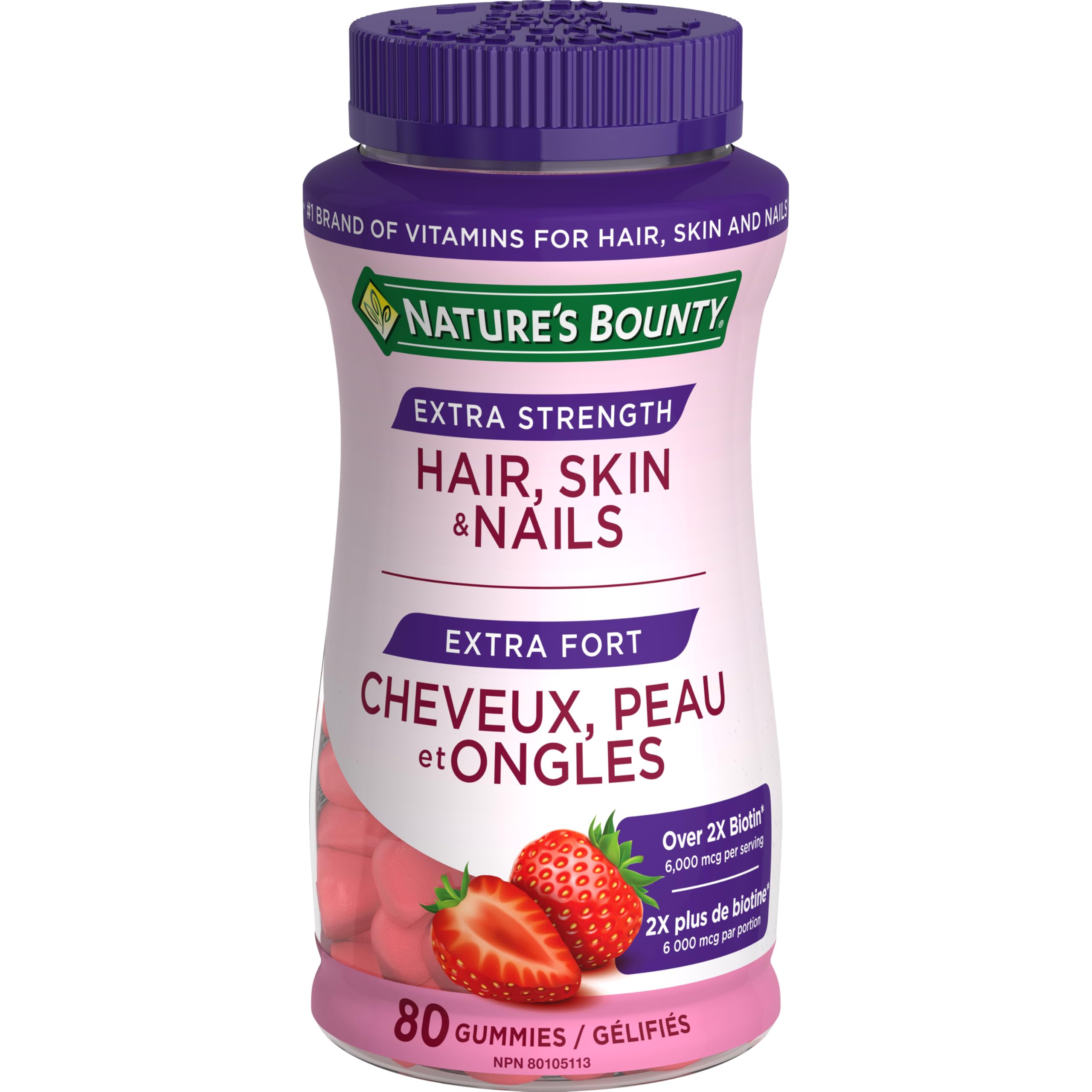 NATURE'S BOUNTY Extra Strength Hair, Skin & Nails, Gummies, Helps to Maintain Health of Hair & Skin, Promotes Thicker, Healthier Nails & Stronger Thicker Hair, Strawberry Cream Flavour, 200 g