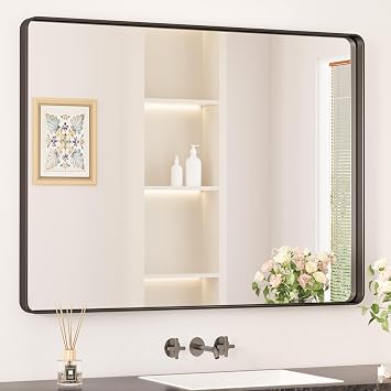Keonjinn Black Bathroom Mirror for Over Sink, 40 x 30 Inch Rounded Rectangle Vanity Mirror, Sandblasted Finish Matte Black Wall Mirrors, HD Tempered Glass, Anti-Rust Seamless Metal Frame for Restroom