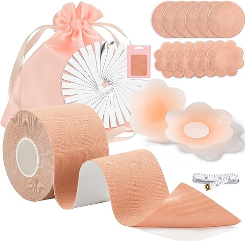 Mciotk Kit de cinta adhesiva para levantamiento de senos, 14 piezas de cubierta de pezón W pétalos, 36 cintas corporales impermeables para sujetador