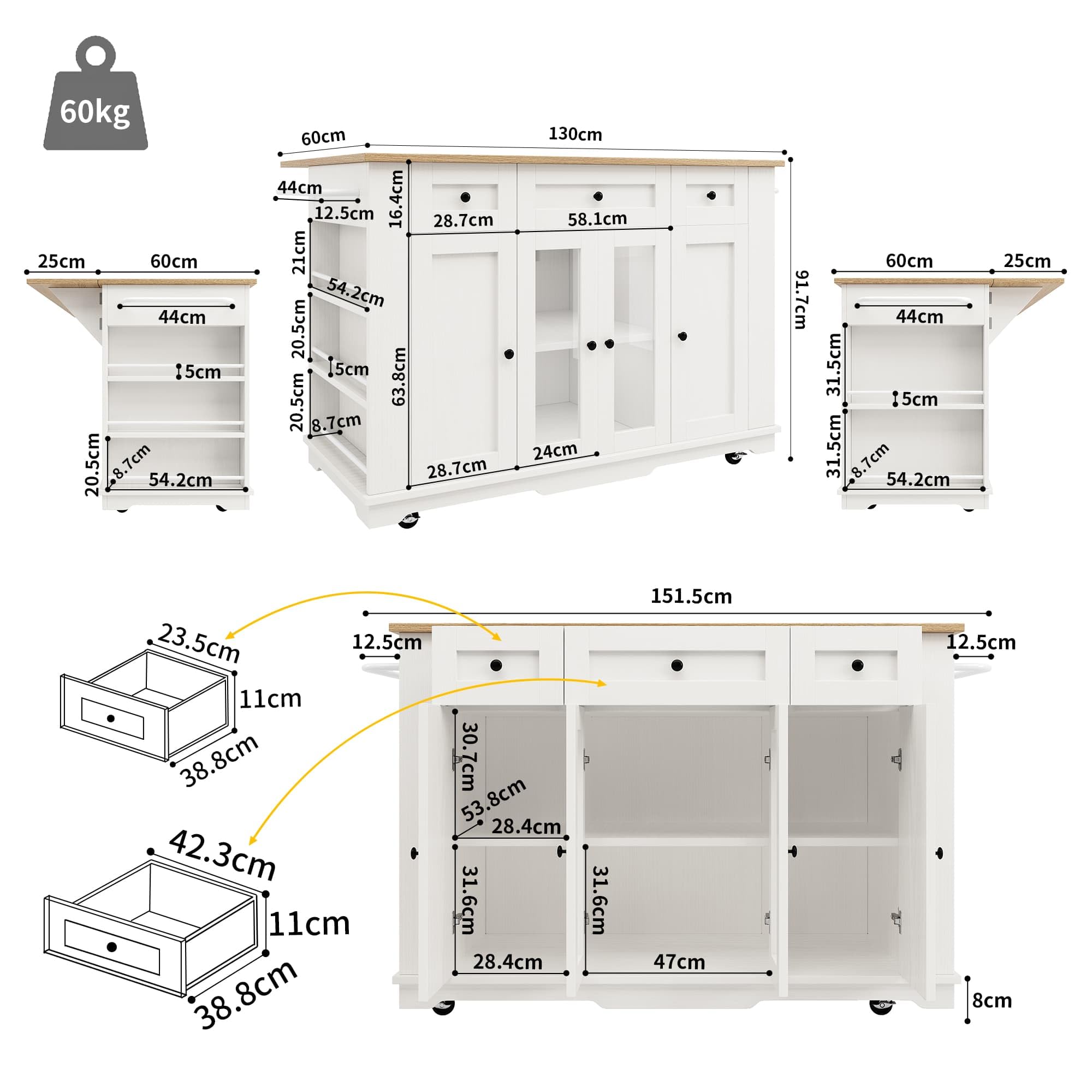 Sweiko Meuble de Cuisine Multifonction avec Tiroirs, Armoire de Rangement Design Contemporain, Table Pliante en Bois Densité, Buffet de Rangement pour Cuisine et Salon (Blanc+Bois)