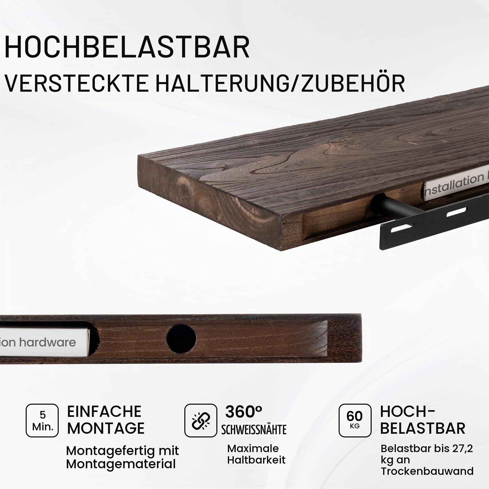 Fun Memories Schwebende Regale für die Wand, 121,9 x 23,6 cm, rustikales massives Ulmenholz, robuste Wandregale mit unsichtbaren Halterungen, 2er-Set für Wohnzimmer, Schlafzimmer, Küche
