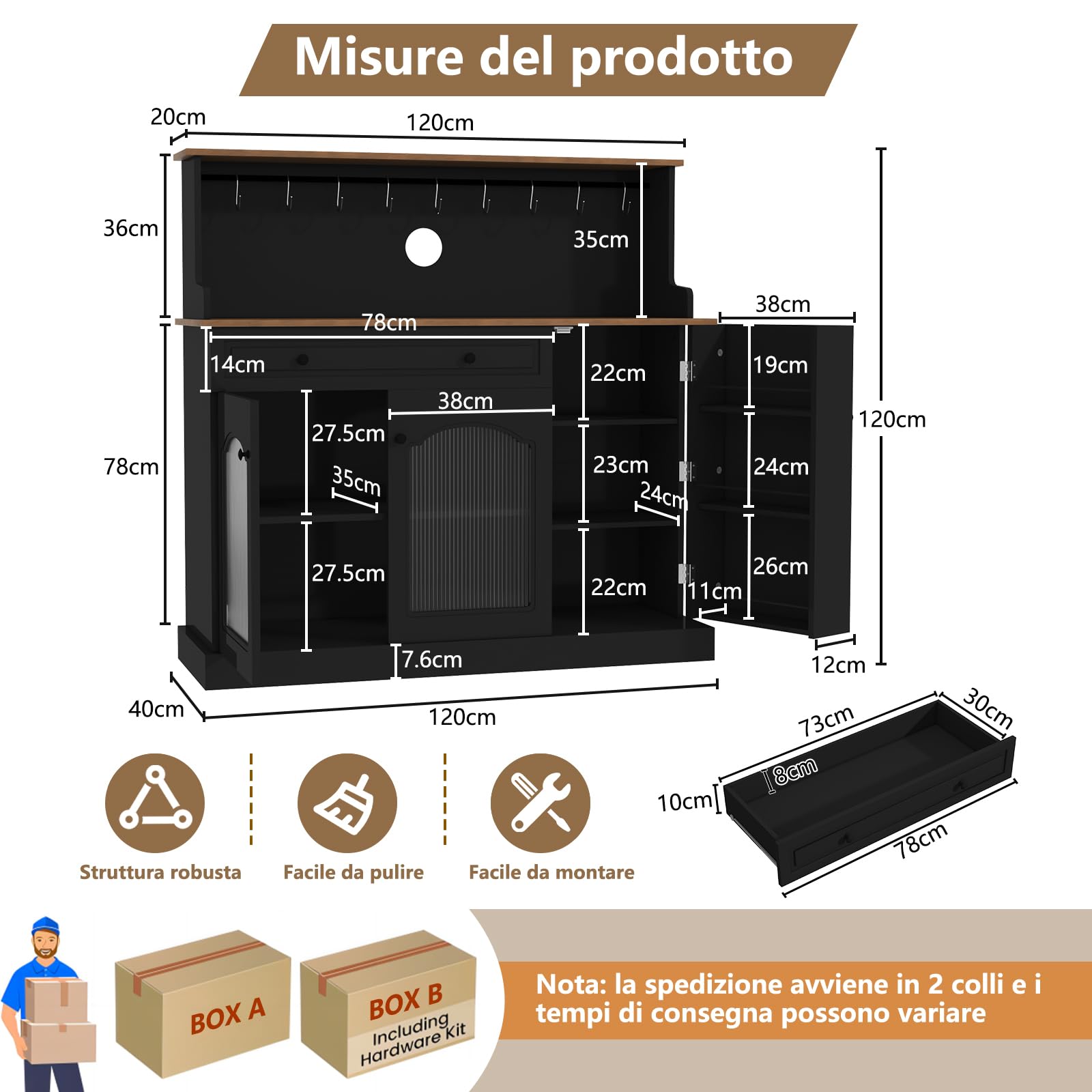 HOLTICO Credenza da Cucina Multifunzione, Armadietto per Microonde con Cassetto e Ganci per Tazze, Buffet Moderno per Soggiorno e Sala da Pranzo, Colore Nero Scuro