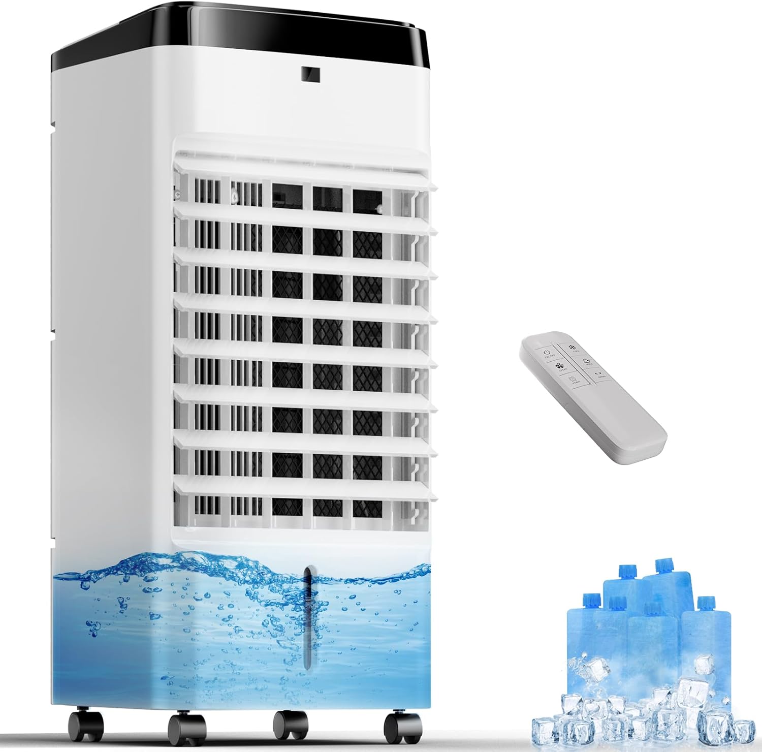 Windowless Portable Air Conditioners, Evaporative Air Cooler w/4 Modes & 3 Speeds, 12H Timer, 6 Ice Packs, Dual Tank, 23Ft Remote, 40dB Quiet Swamp Cooler for Bedroom Indoor Use (22 Inch)