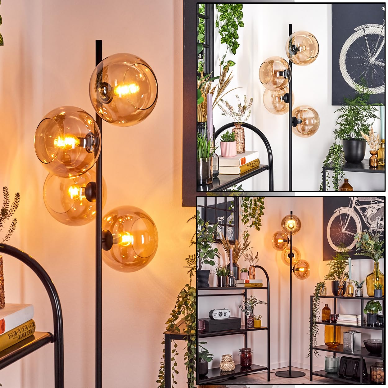 Hofstein Black/Amber Floor Lamp Apedo, Metal/Glass Floor Lamp In Retro/Vintage Design With Glass Shades (Ø 20 Cm) And Foot Switch, 160 Cm, E14, Living Room, Bedroom, Office
