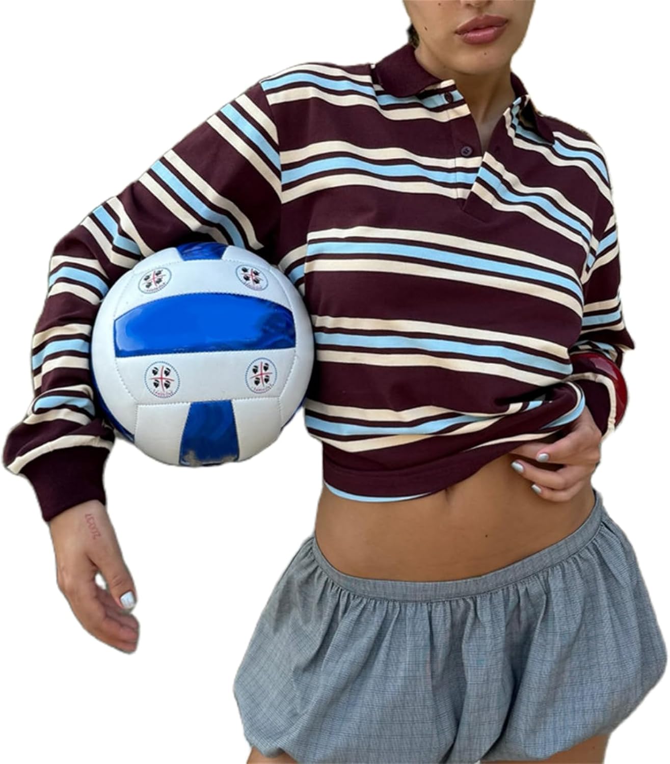 Women Striped Rugby Polo Shirt Lapel Collar Vintage Oversize Long Sleeve Pullover Y2k Tee Casual Sweatshirt