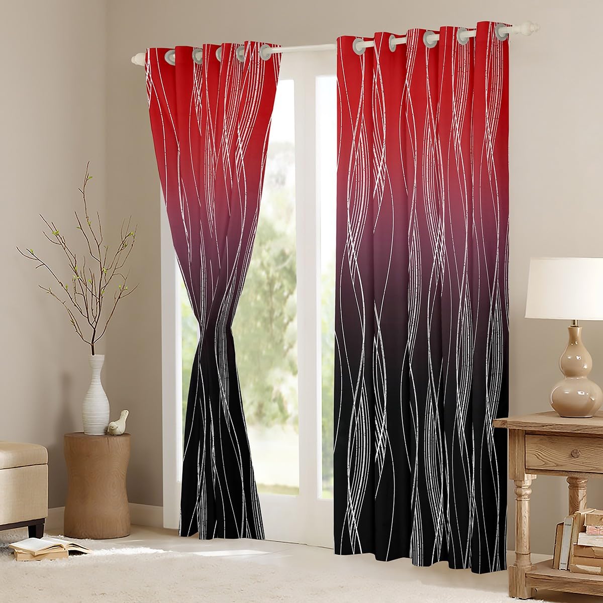 Homewish Red And Black 66" Wx90 L Blackout Curtains For Boys Bedroom Abstract Ombre Curtains & Drapes Gradient Geometric Silver Striped Window Curtains,Modern Fashion Window Treatments 2 Panels - Image 4