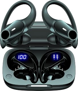 GOLREX Ear Buds Bluetooth Headphones Wireless Earbuds 36Hrs Playback Wireless Charging Case Digital Display Over-Ear Earphones with Earhook Waterproof Headset with Mic for Sport Running Workout Black