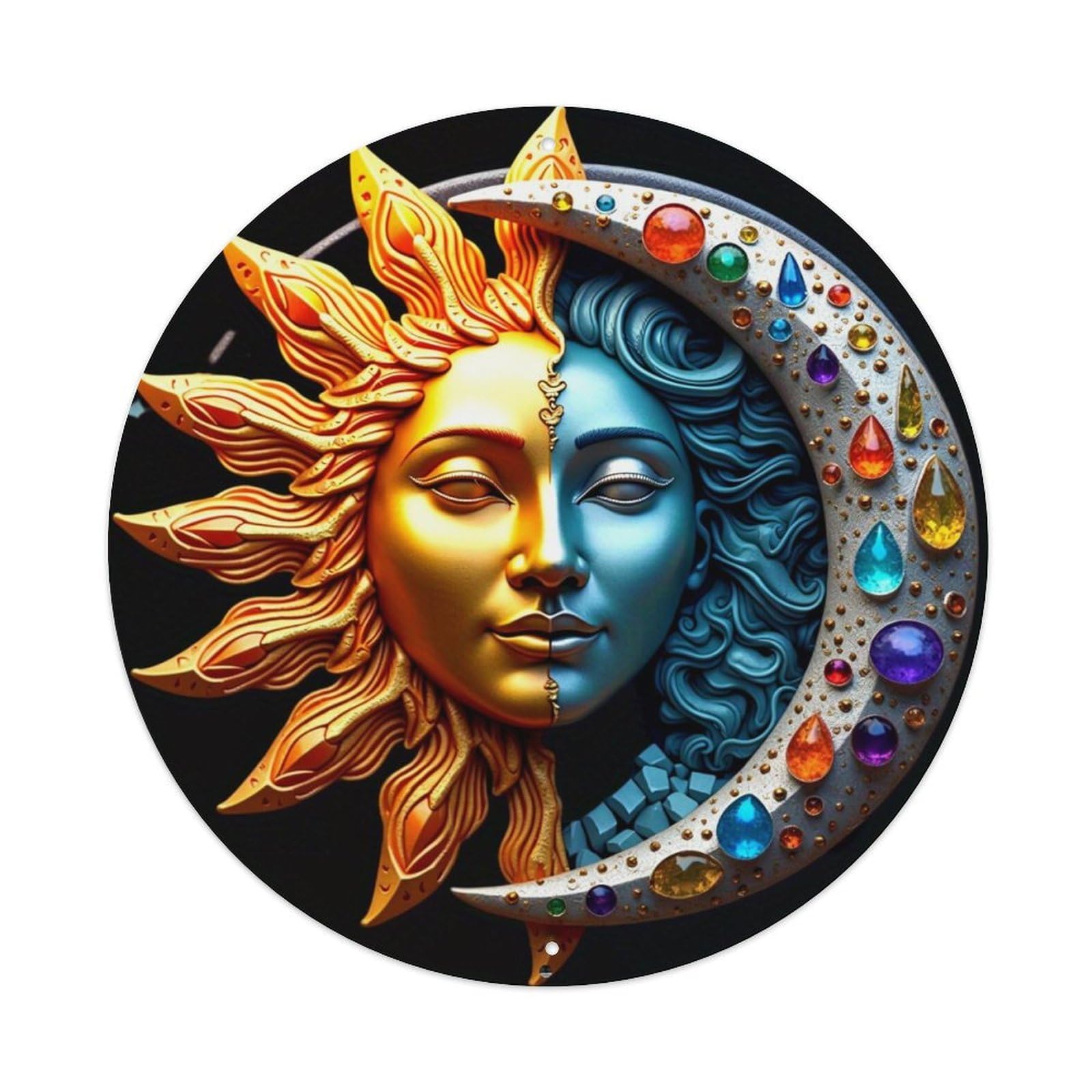 Sun And Moon Faces With Gems Vintage Round Tin Sign Retro Metal Wall Decor Metal Poster, Home Bar Garage Cafe Wall Art Decoration 8x8Inches