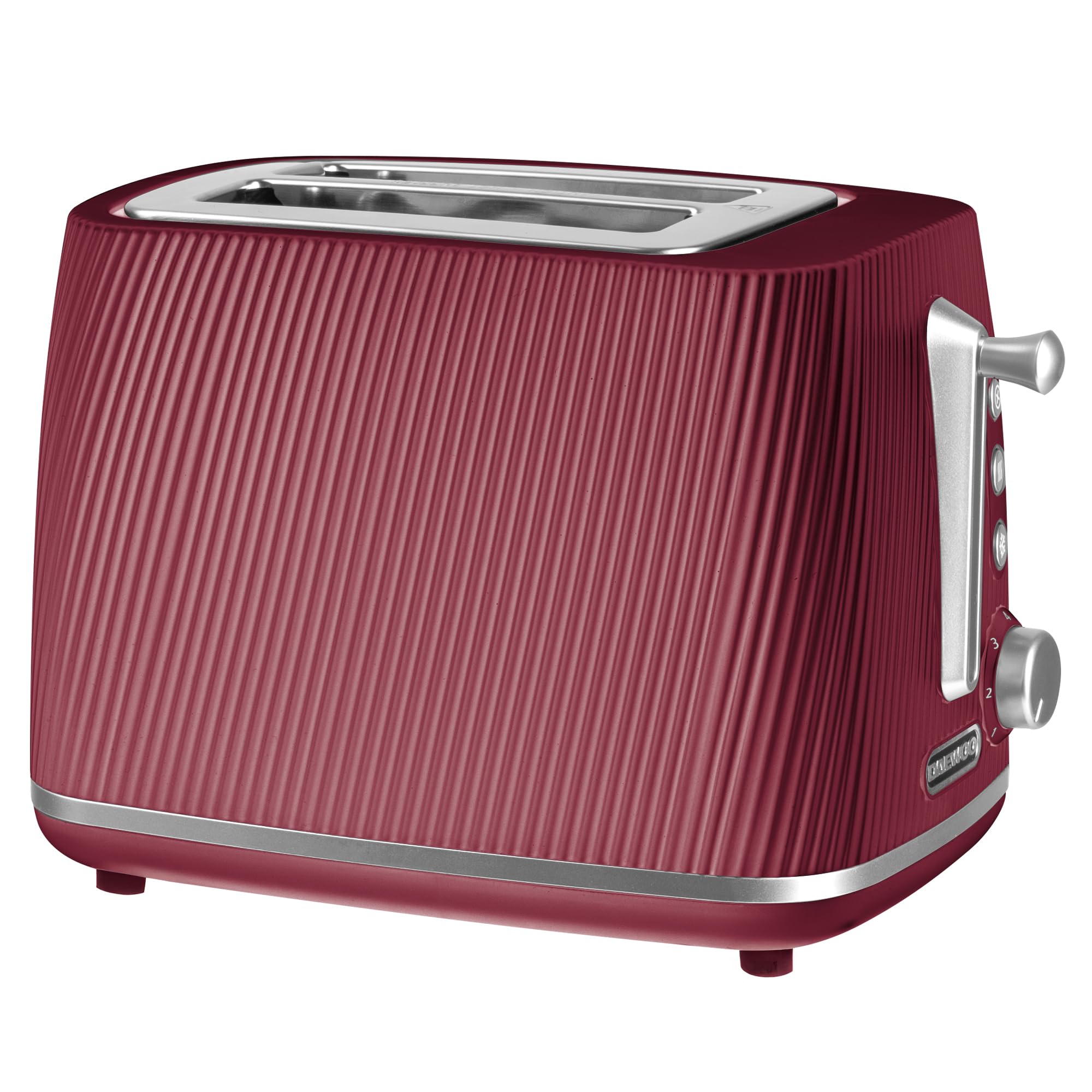 Daewoo Cascade 2 Slice Toaster – Ruby Ribbed Design, Adjustable Browning, Defrost & Reheat Functions, Removable Crumb Tray, Cancel Button, Compact Countertop Toaster