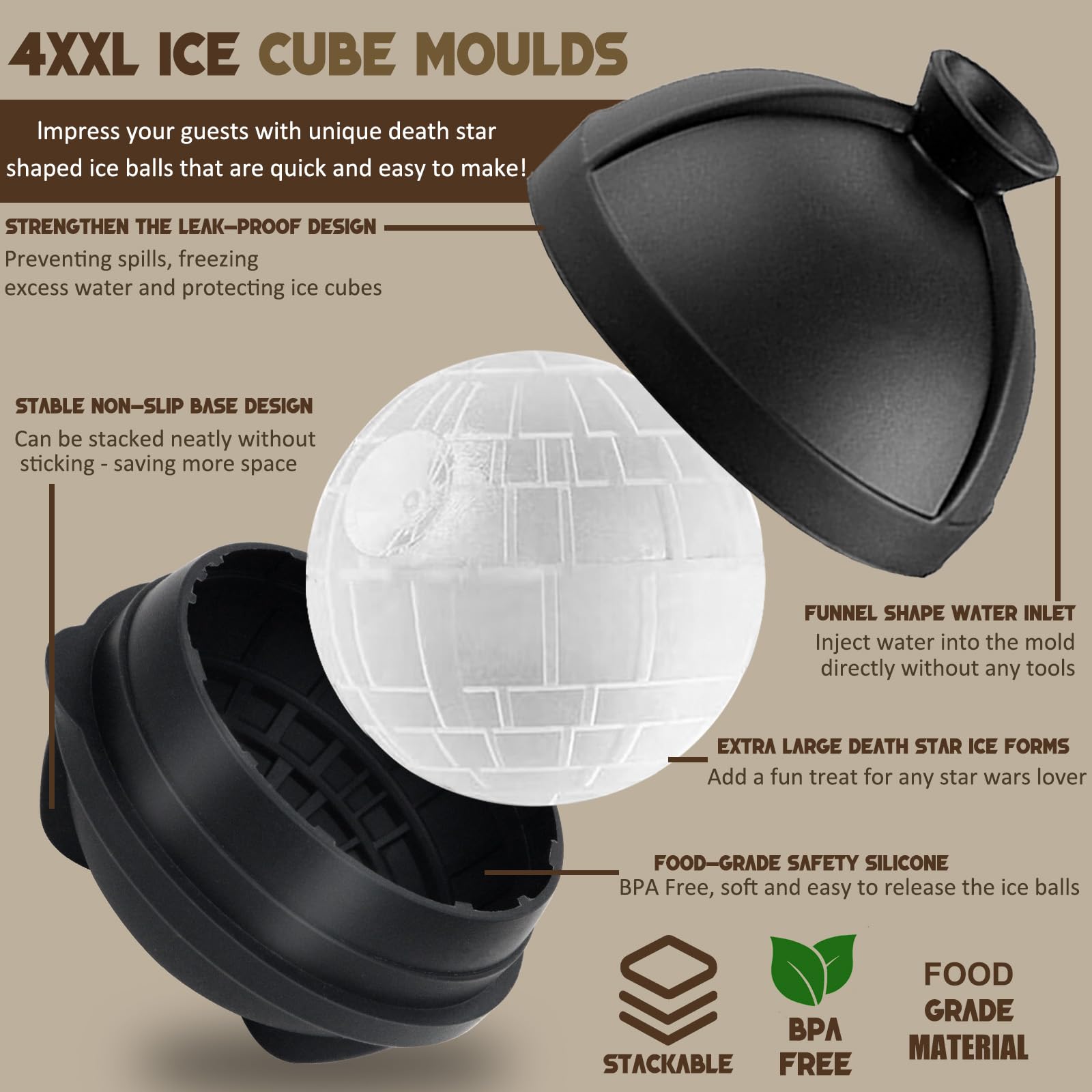 Stampo Per Ghiaccio A Sfera Silicone - Set Di 4, Senza BPA, Diametro 6 Cm, Con Coperchio, Per Cocktail - Foto 2