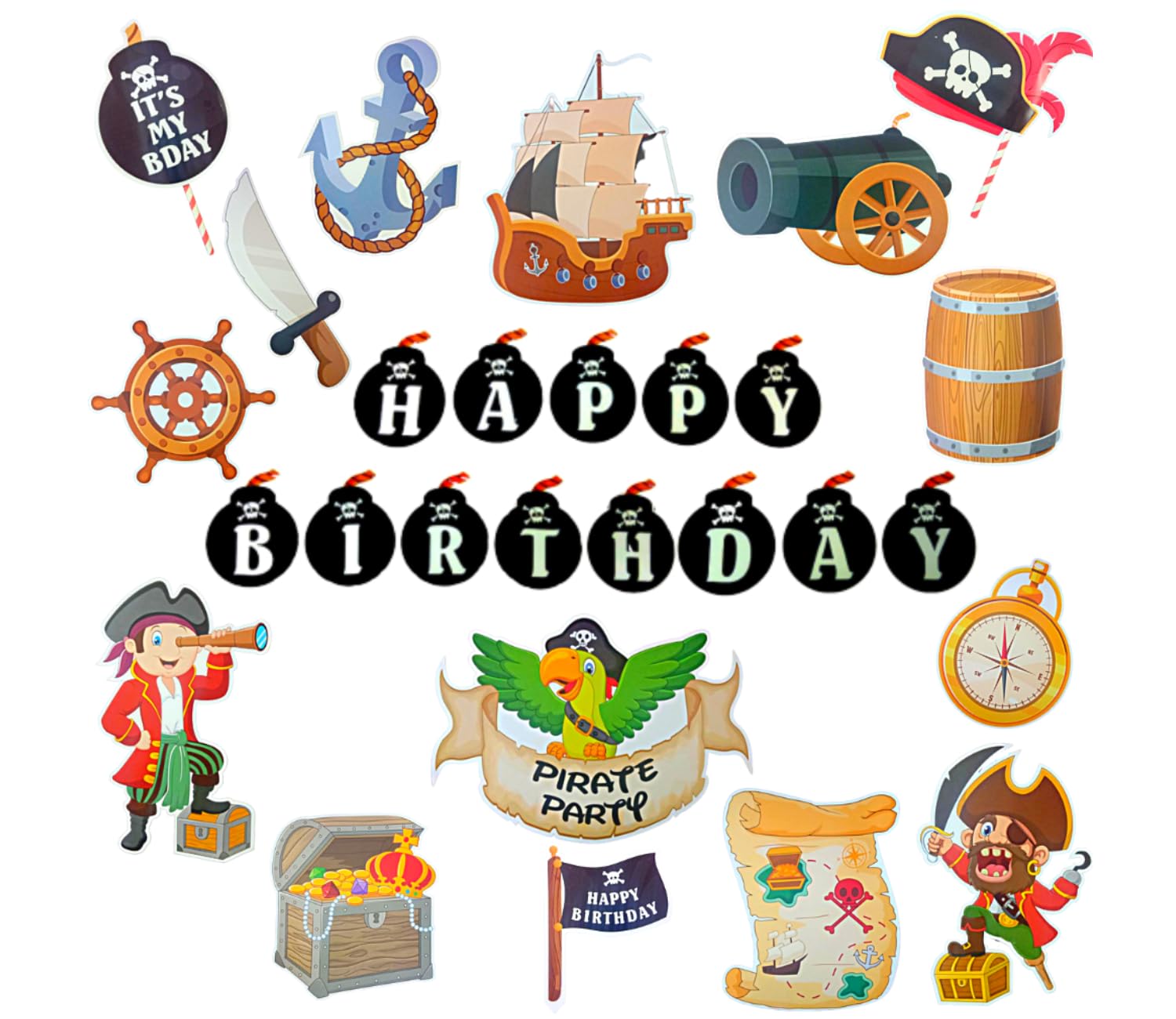 Pirates Latex 16 Pcs Pirate Theme Banner Set Props Cake Topper Cutouts Pirate Birthday Decoration (Pack of 16, Multicolor)