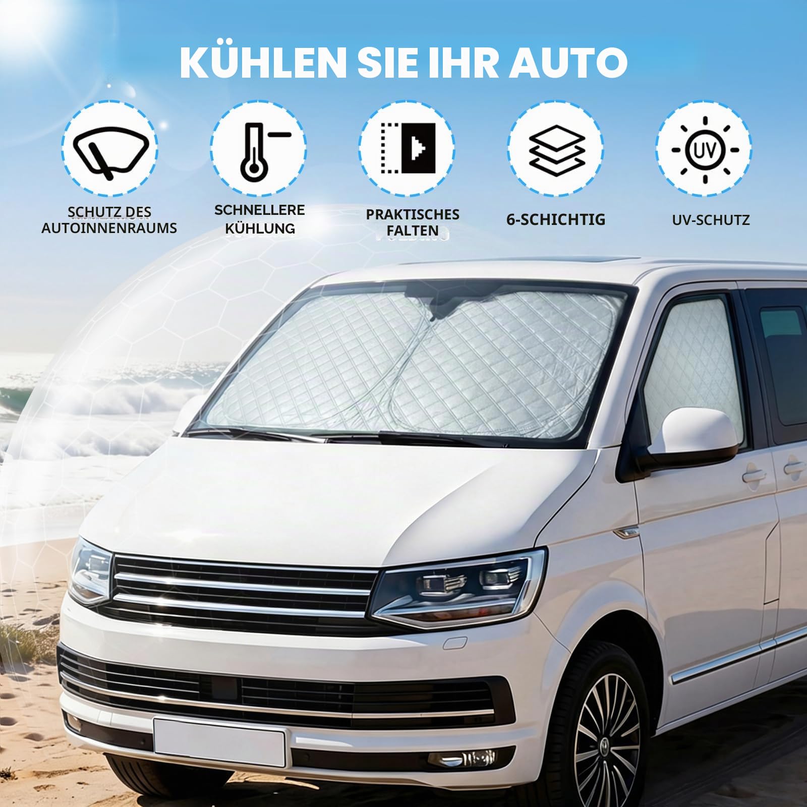 XCBYT Sonnenschutz Auto für VW T5 T6 Frontscheibe & Seitenscheibe - 3er | Perfekte Passform, 6-lagiger Stoff, Windschutzscheibe Verdunkelung, Schützt Privatsphäre, Innen Faltbare