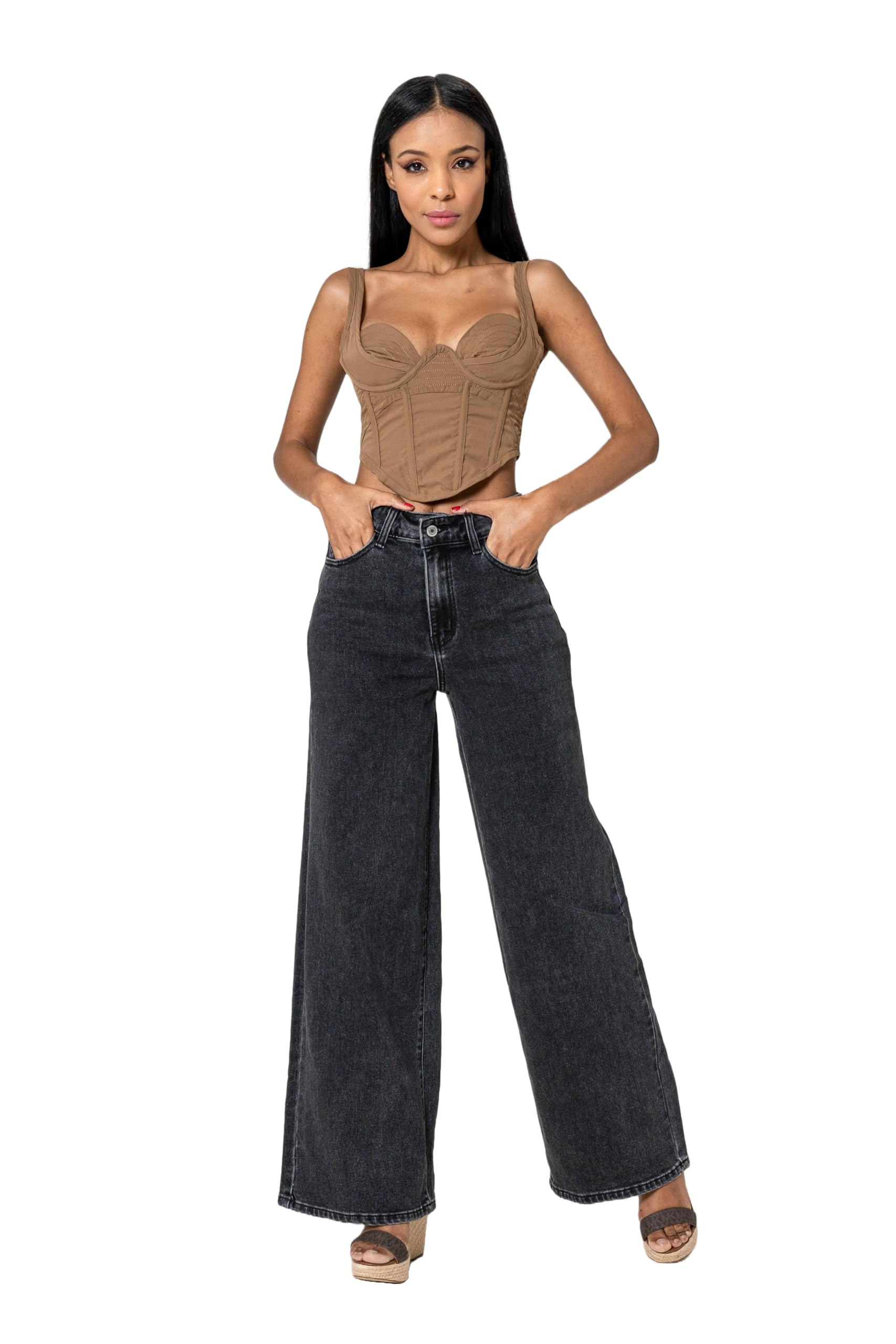 Nina Carter YY300 Pantalones vaqueros de cintura alta para mujer, pierna ancha, elásticos, aspecto desgastado