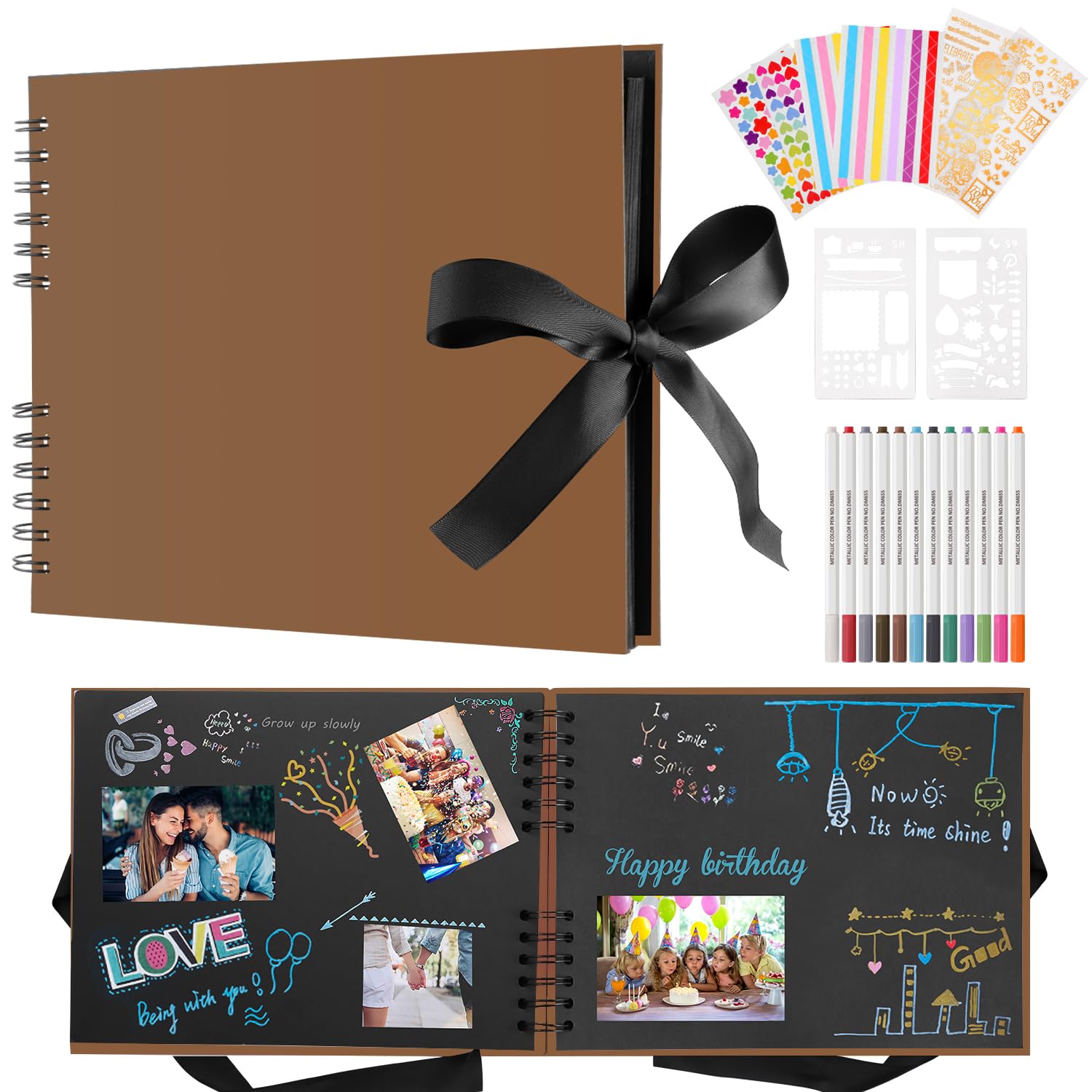 DazSpirit Fotoalbum 29,5 X 21cm Fotoalbum Zum Selbstgestalten Schwarz Fotobuch Mit 80 Seiten Scrapbook, Für 240 Bilder, Inkl.12 Metallic Farbmarker, Gästebuch Für Geburtstag Und Hochzeit, Dunkelbraun