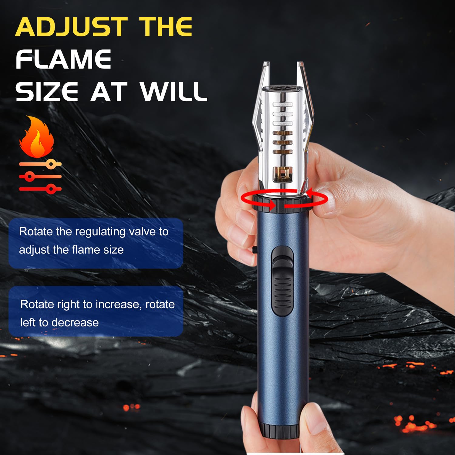 Camping Outdoor Windproof Straight Flame Lighter, Refillable Butane Lighter with Safety Lock and Adjustable Flame Size, for Outdoor BBQ Camping Kitchen Cooking (Black) 4
