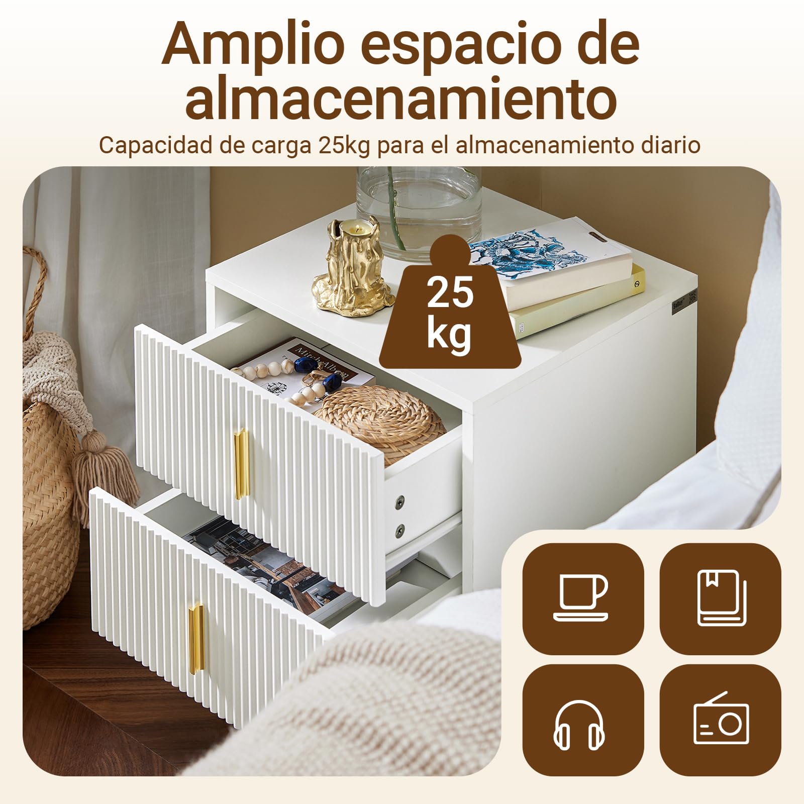 SoBuy Juego de 2 Mesita de Noche con 2 cajones y Patas metálicas Doradas, Mesa de Noche Moderna para Dormitorio y salón, Ideal para Estudiantes y familias, Blanco, 40x40x47 cm, FBT115-Wx2