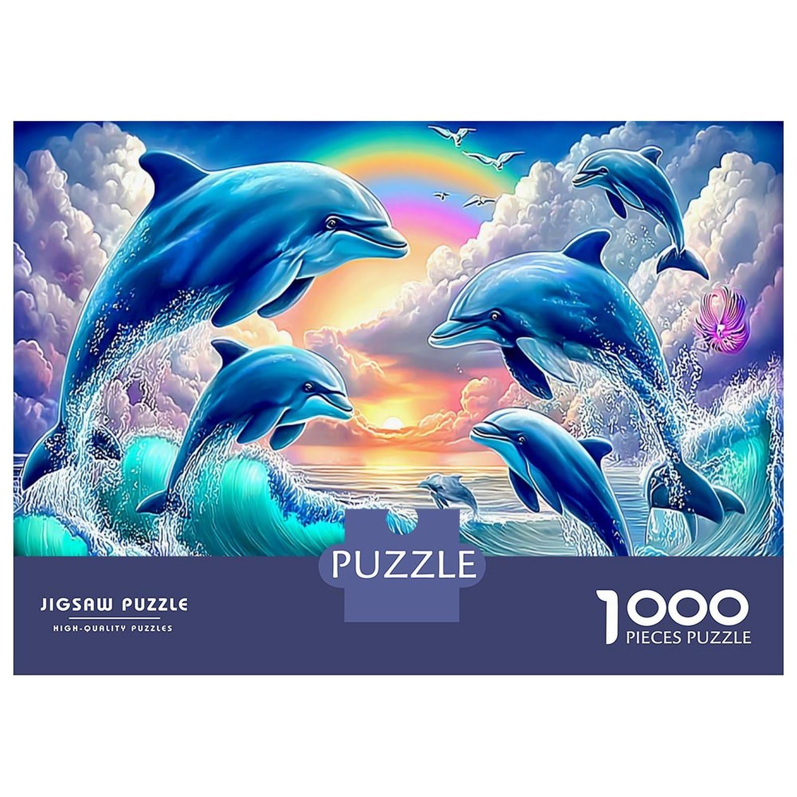 Dolphin Leap 1000 Pcs Jigsaw Puzzle Bundle Dolphins Ocean Waves Ultra Difficult Puzzle for After-school Puzzle Activity, Puzzle 52x38cm/1000pcs
