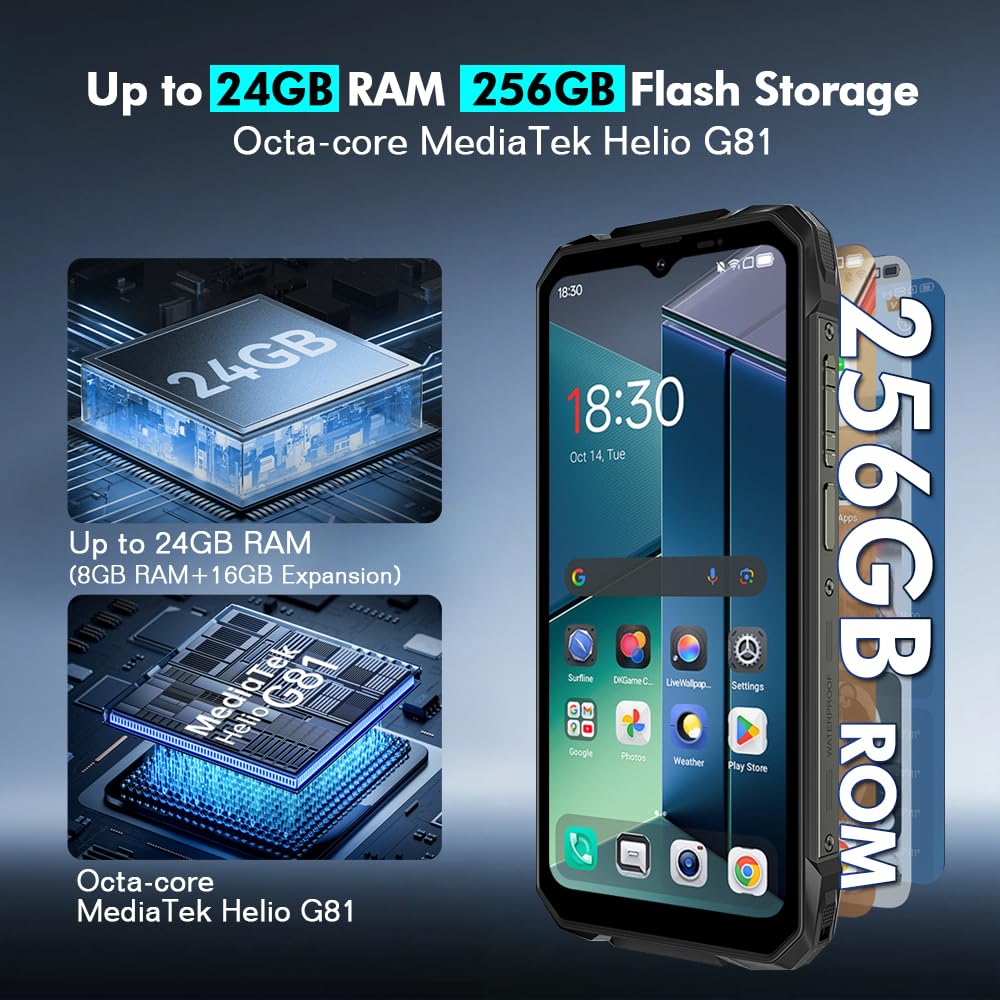 Blackview Rock 1 Android 16 Outdoor Handy ohne Vertrag 4G, 24GB+256GB, 15000mAh Outdoor Smartphone, 6.56" HD+ Dual Pantalla, 20MP+16MP, IP68 Wasserdicht Baustellenhandy, Gemini AI, NFC, OTG, Schwarz