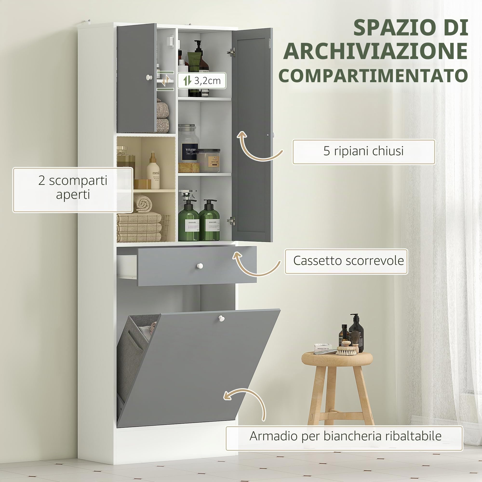 HOMCOM Armadietto da bagno alto con cesto per biancheria e specchio