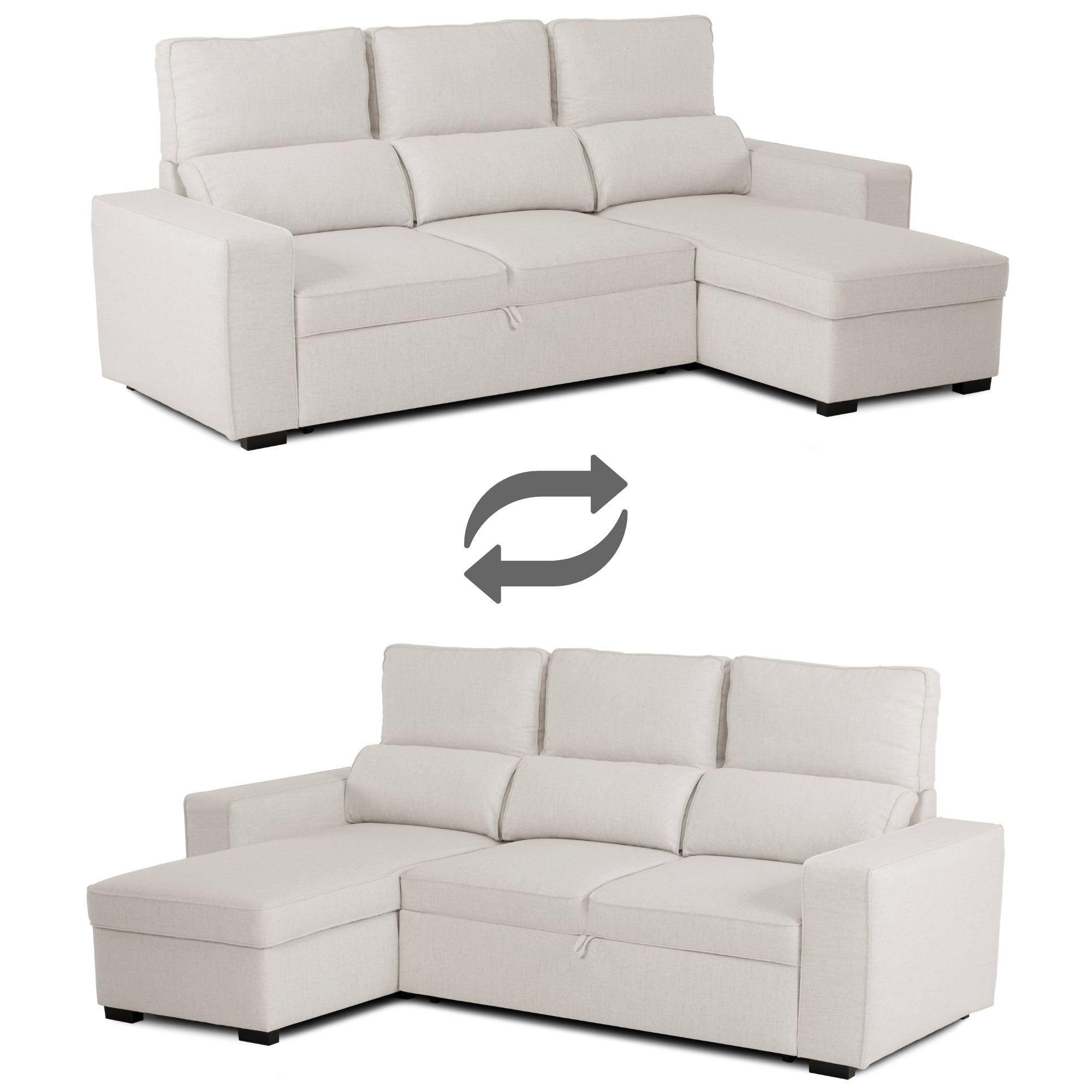 BUDWING Harper Sofá Cama 3 Plazas - Chaise Longue Reversible – Almacenamiento Integrado, Asiento Deslizante – Tapizado en 100% Poliéster – 248,5x156x103 cm – Beige Marfil