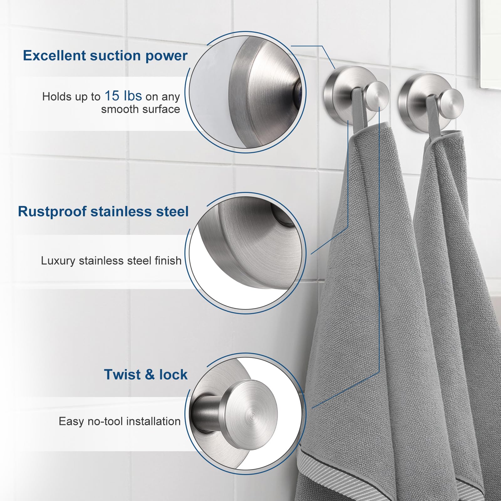 KEESIN Set di Ganci a Ventosa in Acciaio Inox, Rimovibili Senza Foratura per Bagno, Cucina e Ghirlande Natalizie