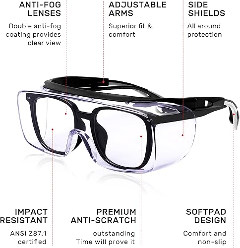 Miniatura 2 de MORK&SUKY Gafas de seguridad que se ajustan a los anteojos recetados, certificado ANSI Z87, protección ocular antivaho para hombres y mujeres.