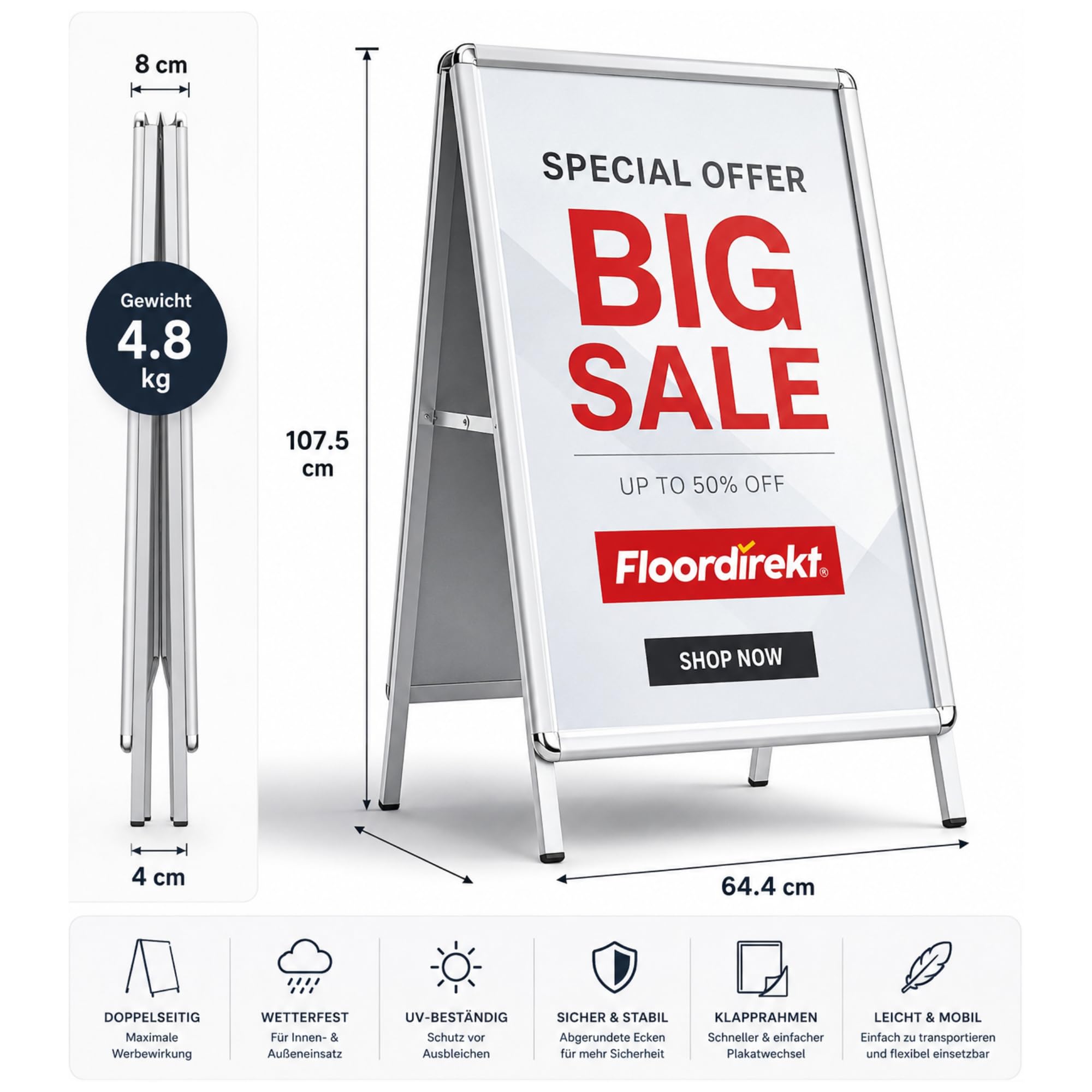 Floordirekt Kundenstopper DIN A1 - beidseitig für 2 Plakate mit Alu Rahmen 25mm - inklusive Schutzfolie - wetterfester Plakatständer - Gehwegaufsteller Werbetafel