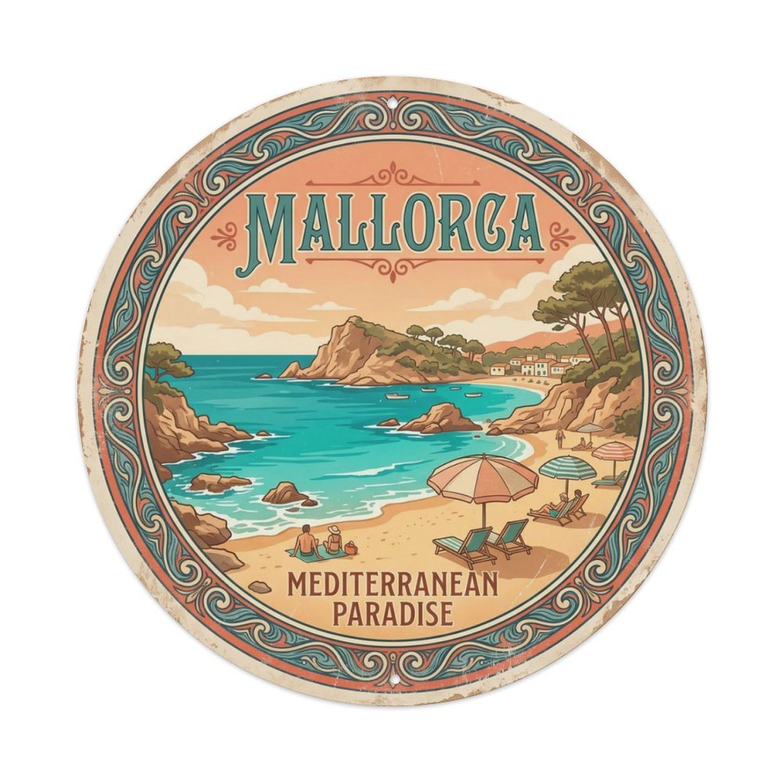 Vintage Travel Mallorca Beach Mediterranean Metal Tin Sign Plaque Wall Decor for Cafe, Club, Garden Round Metal Poster 8x8Inch