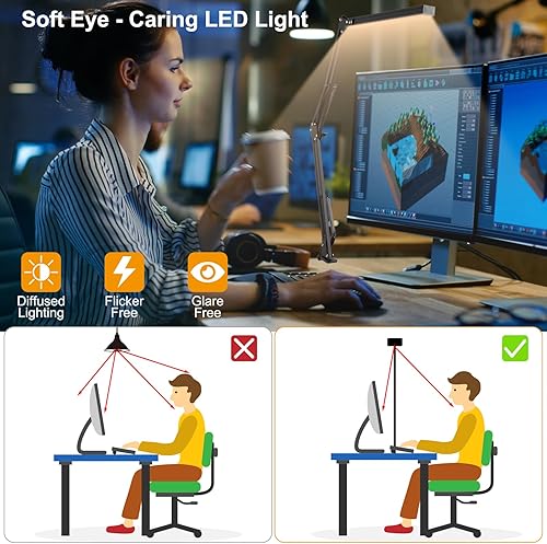 Miniatura 6 de Lámpara de escritorio LED con abrazadera, lámpara de escritorio de arquitecto con brazo oscilante de metal ajustable, cuidado de los ojos con clip,