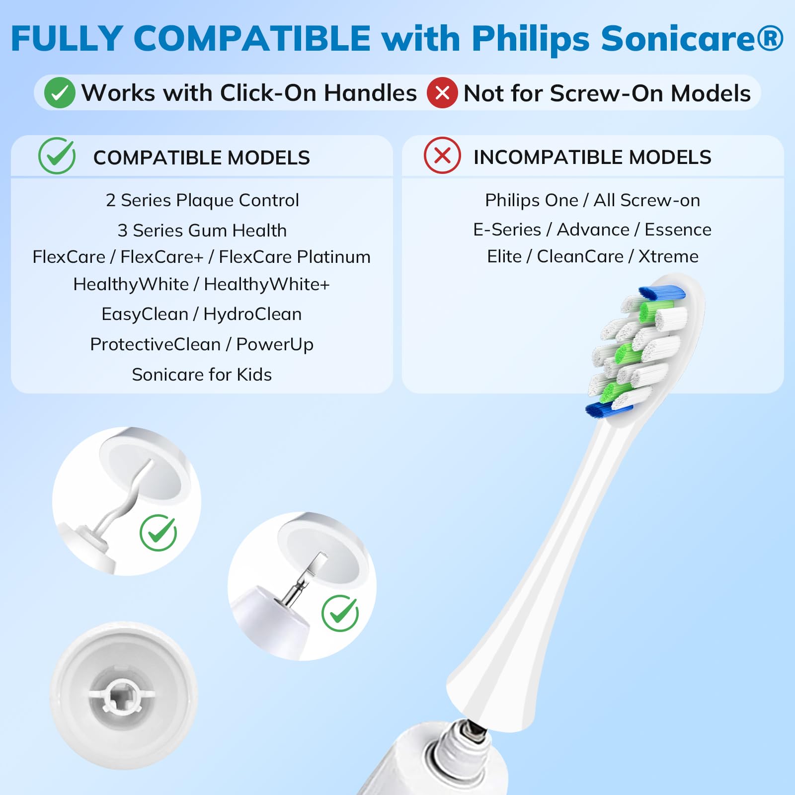 Ersatz-Zahnbürstenköpfe für Philips Sonicare – 16 Stück, weiche, sanfte Borsten, kompatibel mit den meisten Sonicare Click-On elektrischen Zahnbürsten, Weiß