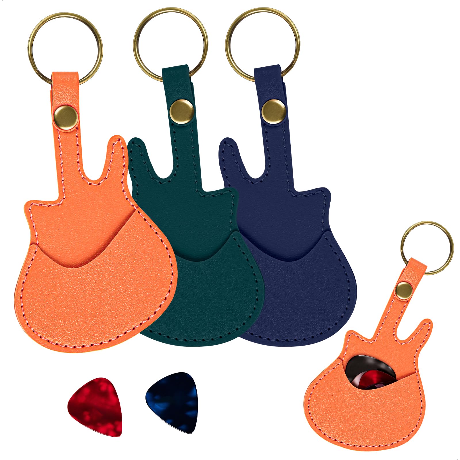 Piórnik na gitarę, przenośny uchwyt na kostki ze skóry PU z gniazdami, wielofunkcyjne przechowywanie gitary Picks, 3 sztuki (zielony, niebieski, pomarańczowy)