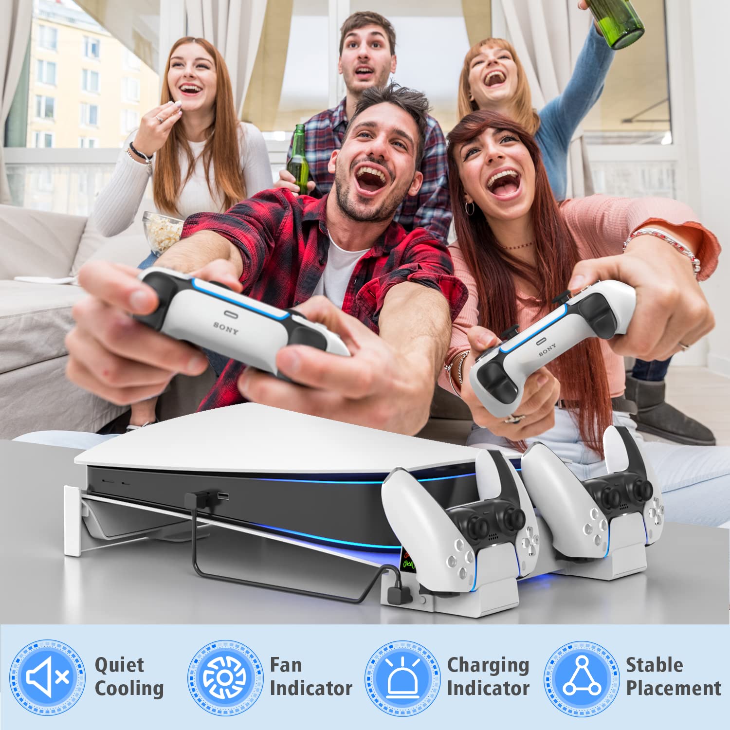 PS5 Support Horizontal avec Ventilateur de Refroidissement à 3 Niveaux, Support Horizontal PS5 et Chargeur Manette PS5, Station de Charge et Accessoire pour PlayStation 5