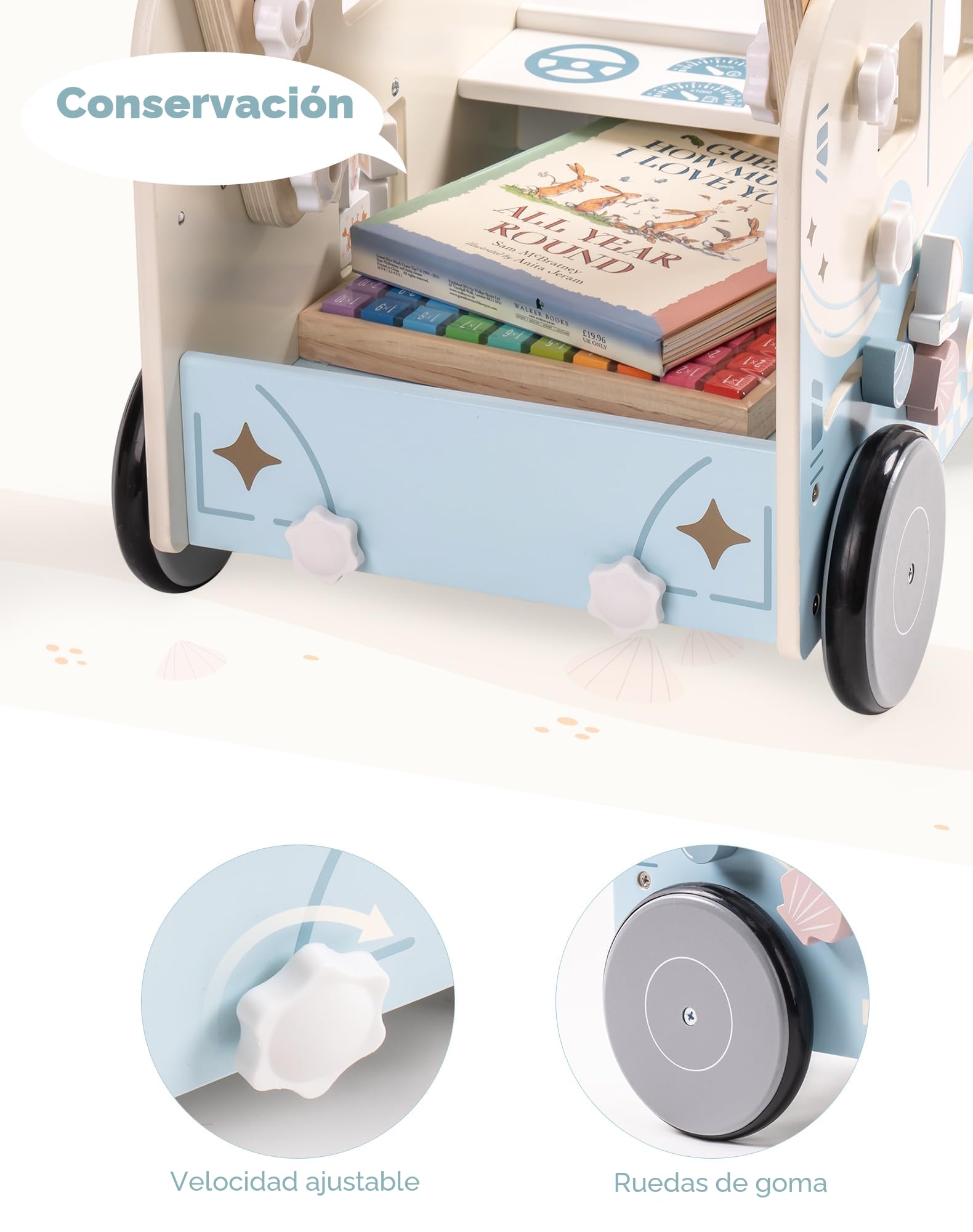 ROBUD Andador Bebes para Niños, Andador de Madera con ruedas y bloques de construcción, Juego de centro de actividad, Juguete para niños, regalo para niñas y niños