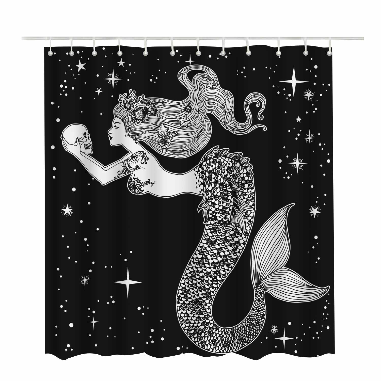 Woutay Shower Curtain Mould Proof Resistant Hand Draw Mermaid,Water Repellant Fabric,Polyester,with 12 Plastic Hooks - Image 2